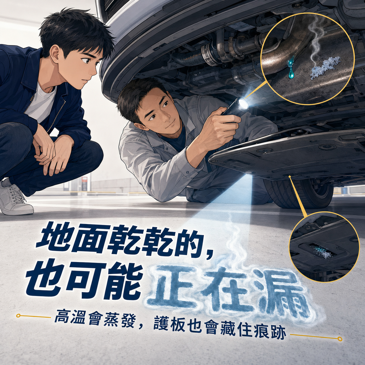 卻液滴在高溫引擎零件上蒸發並留下結晶，車底沒有明顯積水