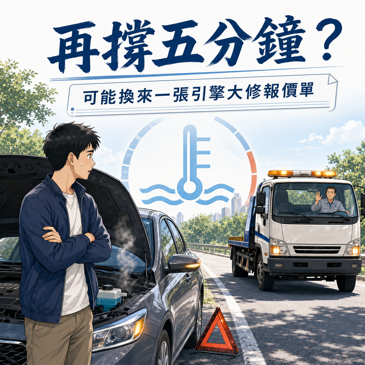 汽車水溫警示燈亮起並冒出蒸氣，車主等待道路救援避免引擎過熱損壞