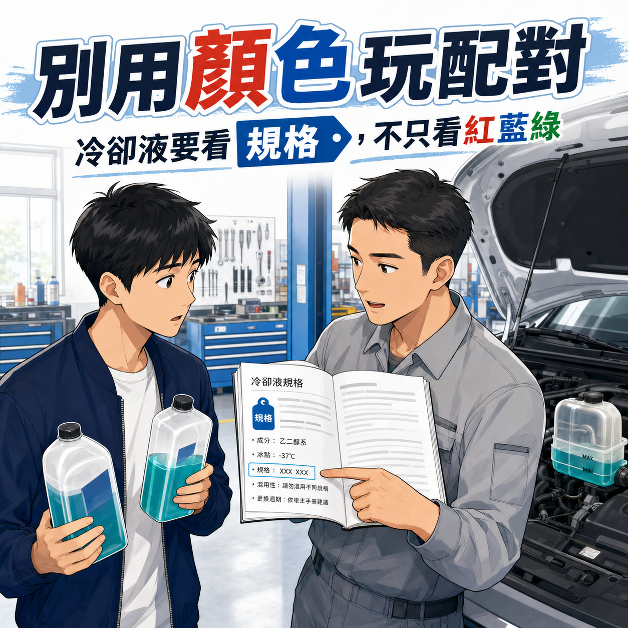 車主比較兩瓶顏色相近但規格不同的冷卻液，技師提醒應依車主手冊選擇