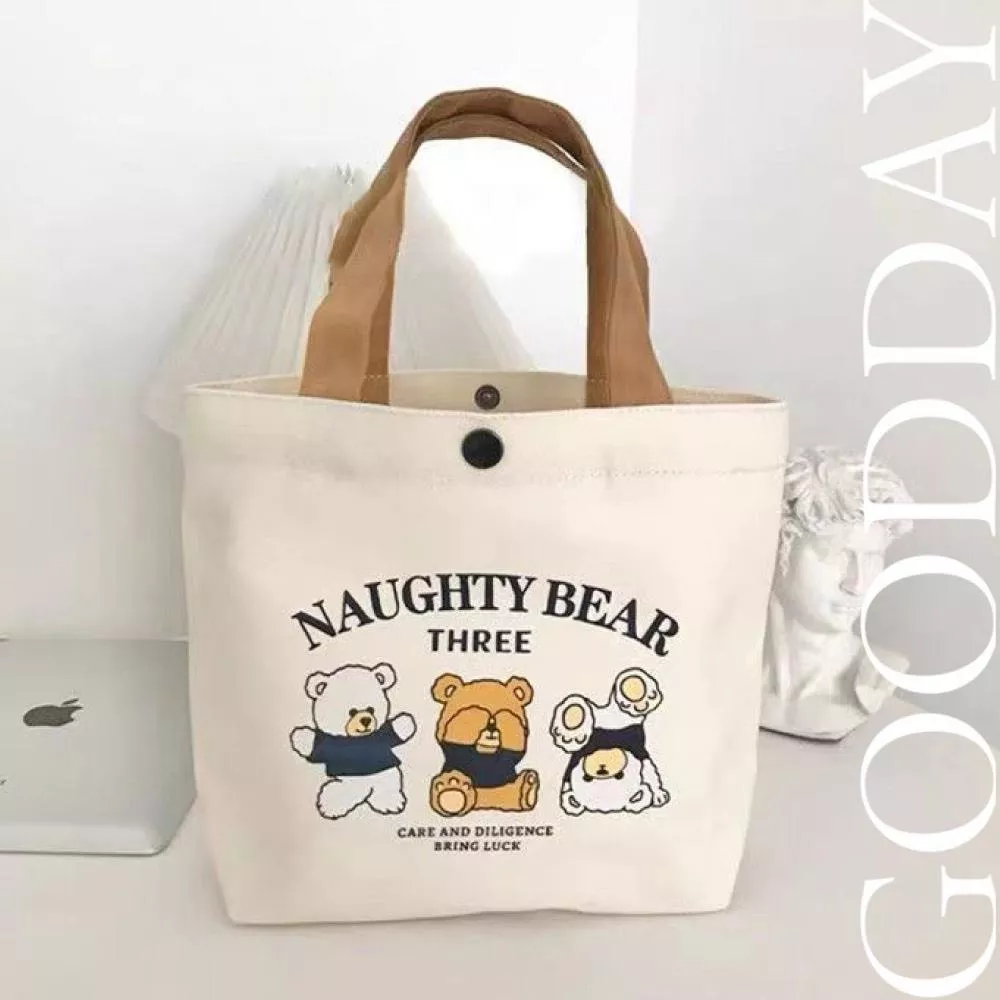 【台灣現貨】小熊帆布袋 外出帆布袋 文青帆布袋 便攜手提袋便當 小巧卡通帆布包 百搭便當盒袋 輕便包 簡約上班 手提包