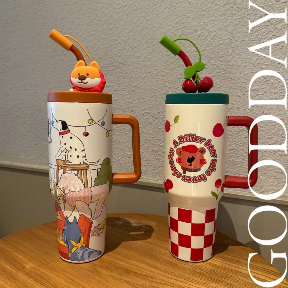 【台灣現貨】高顏值保溫吸管冰霸杯 1200ml大容量保溫保冰 飲料冰霸杯 汽車冰霸杯 保溫杯手柄 汽車夏天吸管水杯