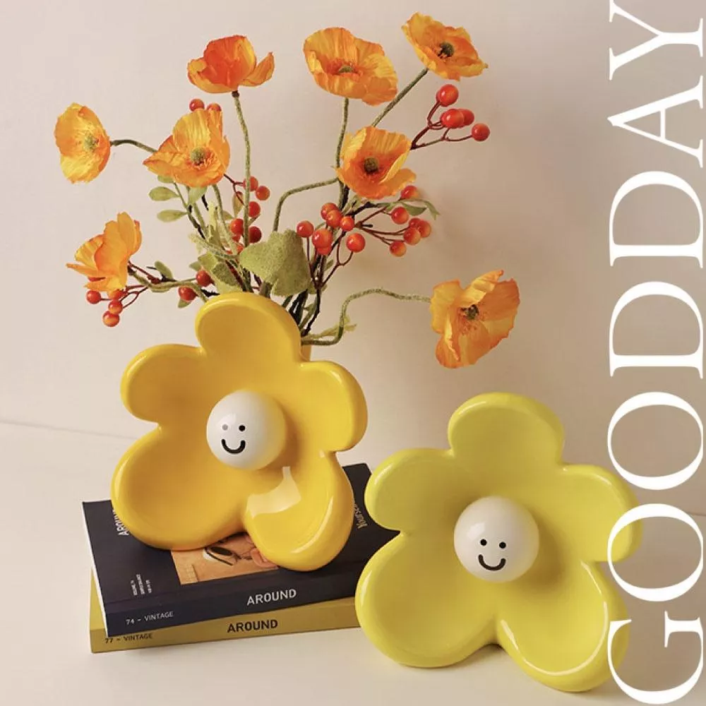 【台灣現貨】陶瓷花朵笑臉花瓶 ins風花瓶 高顏值花瓶 玄關客廳擺件 家居裝飾擺件 喬遷禮物 交換禮物 植物花瓶 療癒