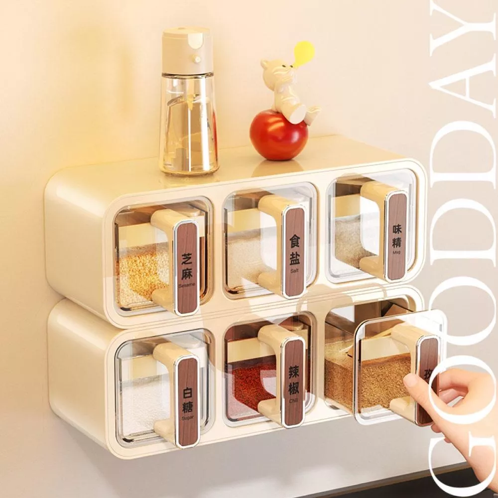 【台灣現貨】家用調料盒置物架 三格 多格一體 鹽罐調料罐 調料收納盒 壁掛式廚房 家用調味罐調味盒 調味罐 壁掛調味罐