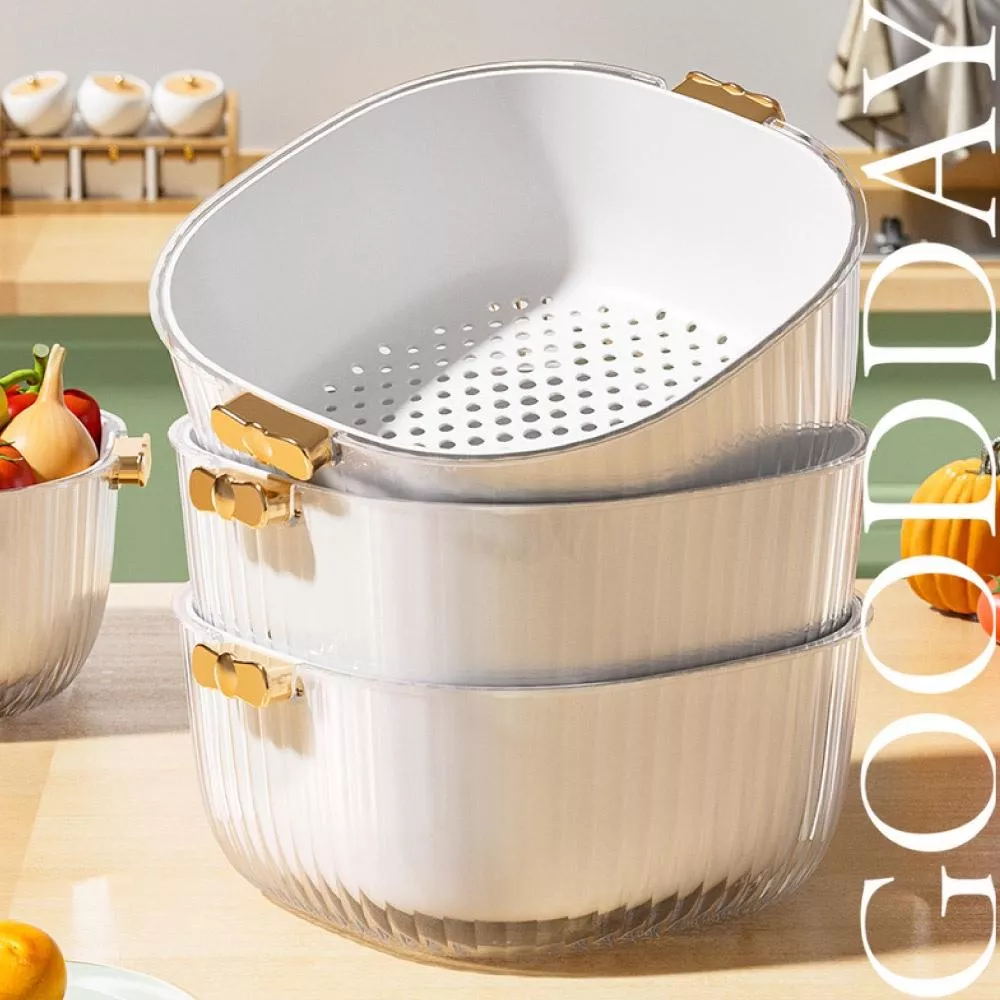 【台灣現貨】家用濾水洗菜盆 水果盤客廳家用濾水洗菜籃 茶桌洗米神器雙層 洗米盆 瀝水盆 廚房洗菜籃 雙層洗菜籃 濾水籃