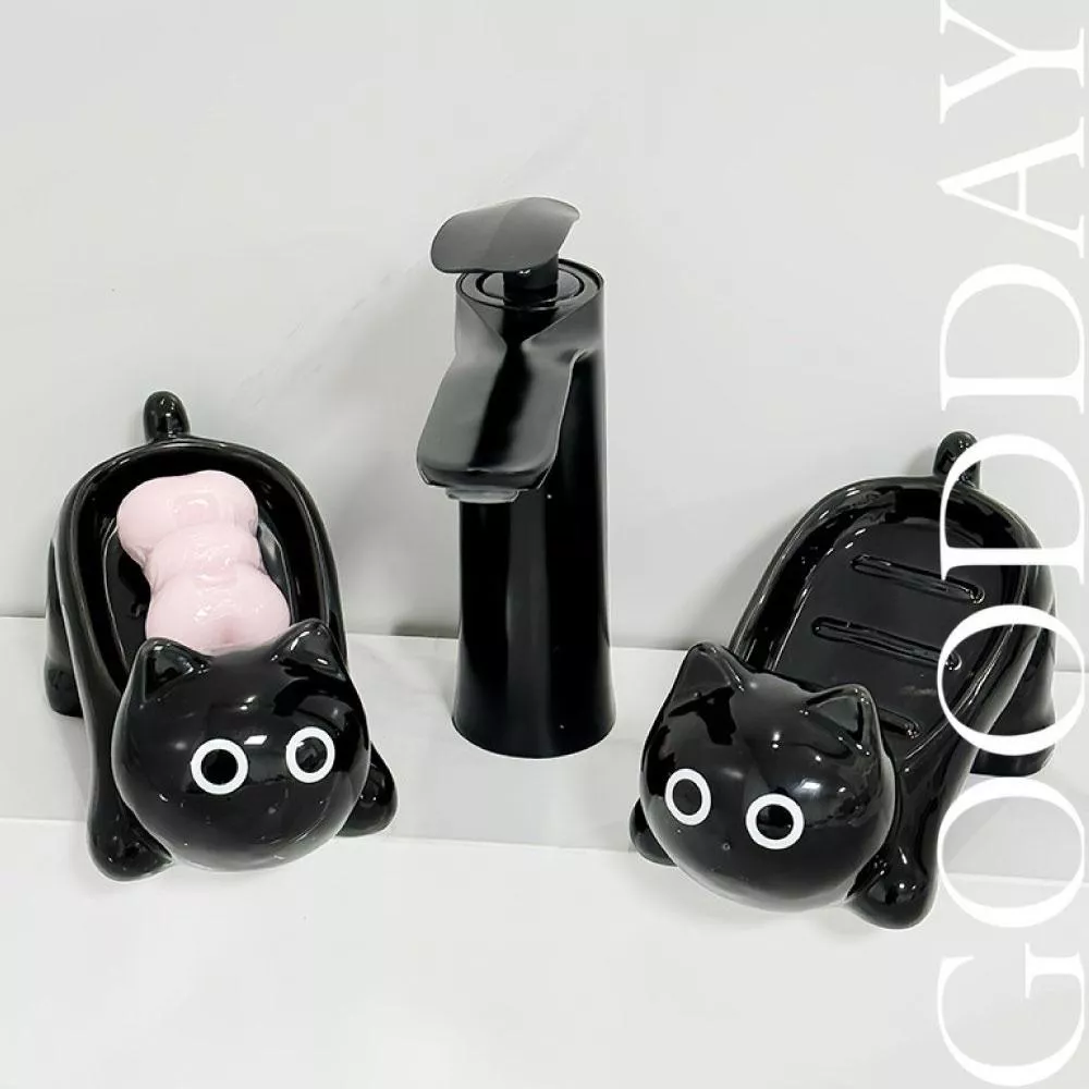 【台灣現貨】黑貓瀝水肥皂盒 家用洗手台 陶瓷香皂盒 廁所香皂置物架 免打孔 廚房香皂盒 肥皂 肥皂托盤 創意造型香皂盒