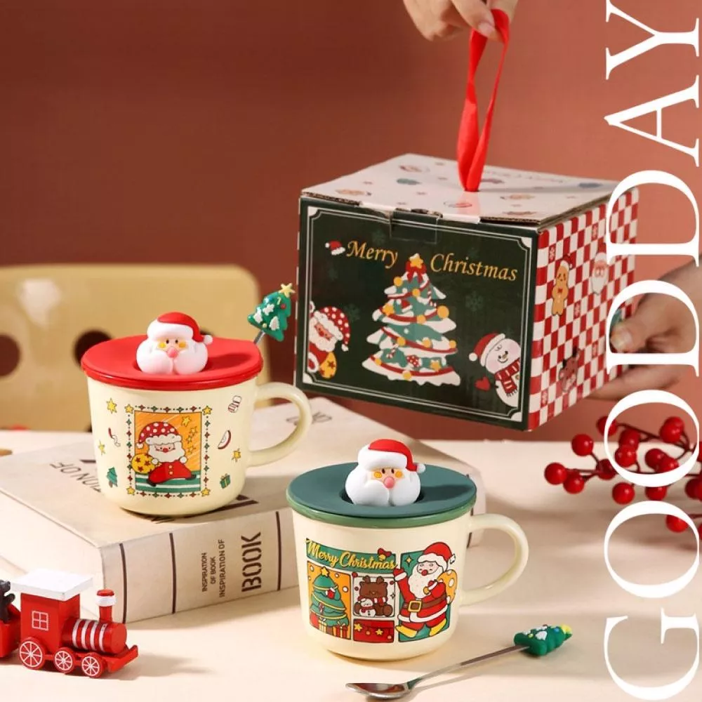 【台灣現貨】聖誕陶瓷馬克杯禮盒  聖誕禮物 交換禮物 生日禮物 情侶閨蜜 可愛造型 帶杯蓋 湯勺  耶誕禮物交換禮物