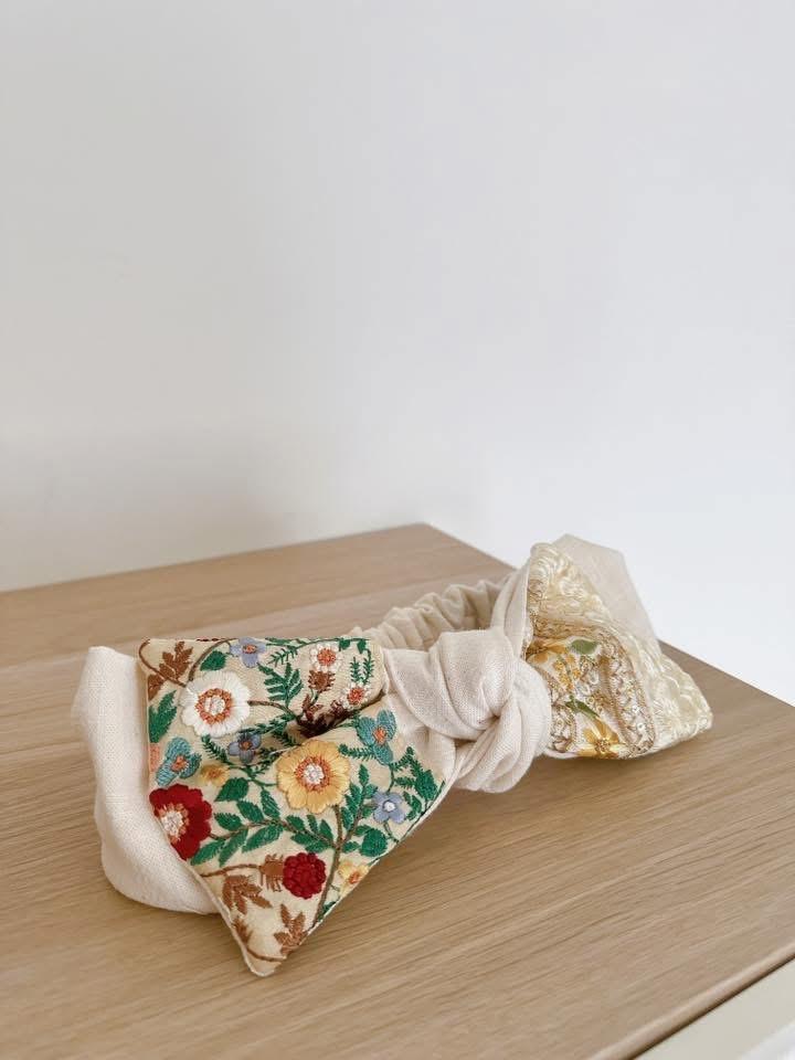 【結型固定】百花金田（刺繡拼接）_大蝴蝶結鬆緊髮帶
