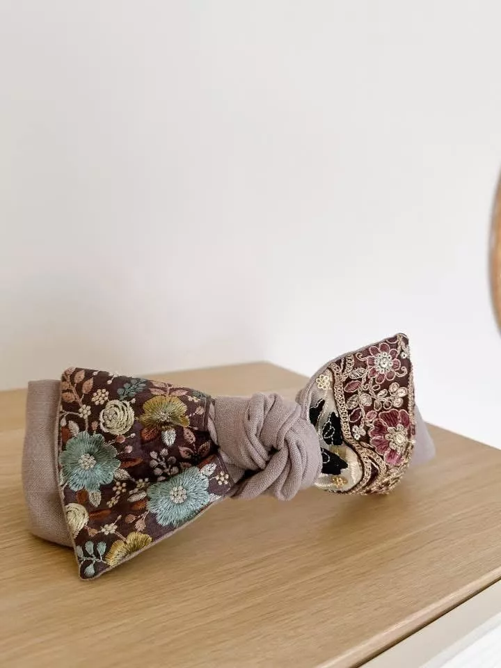 【結型固定】深焙摩卡（刺繡拼接）_大蝴蝶結鬆緊髮帶
