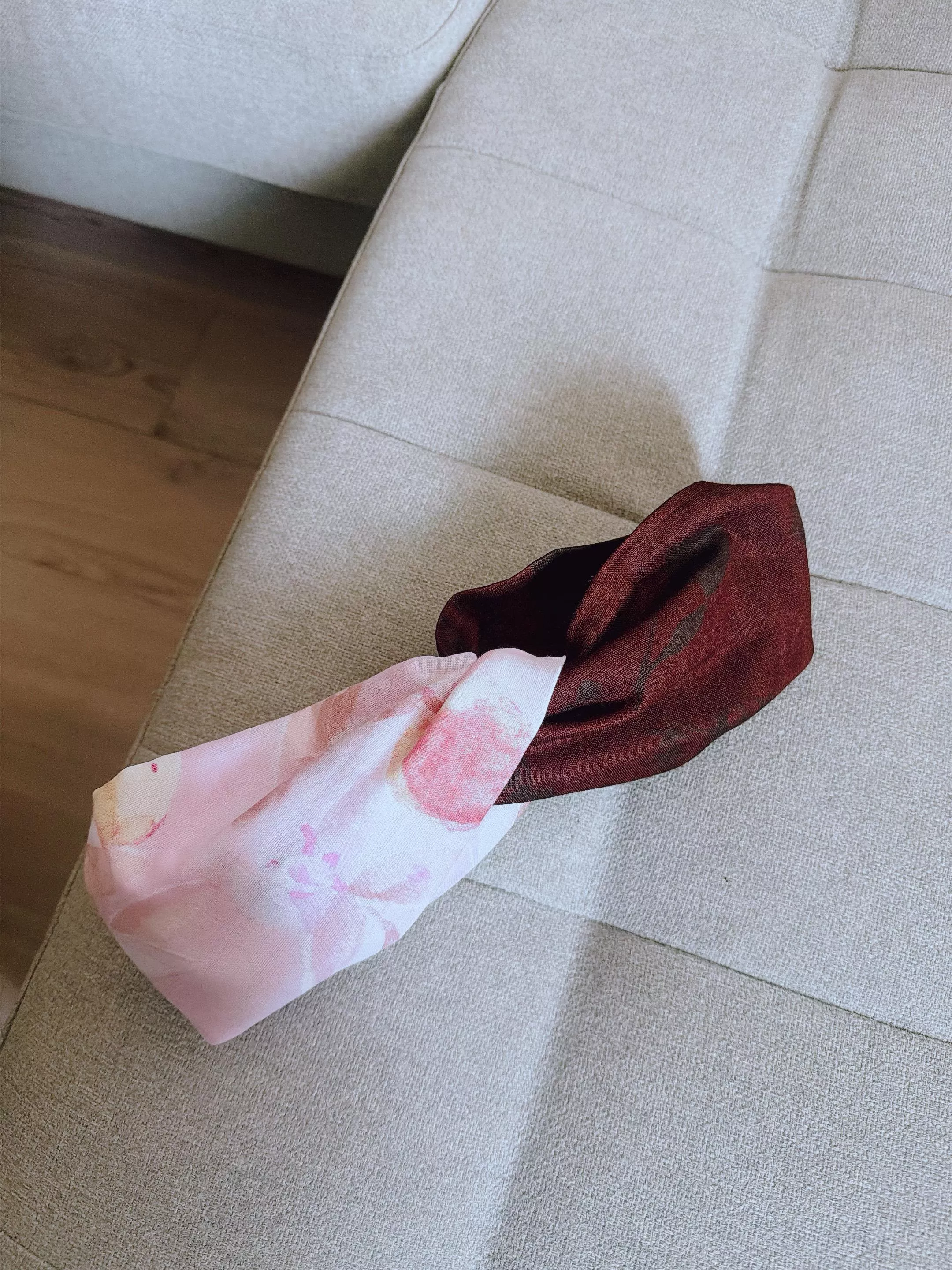 花柄ブラウン（花柄棕）日本二重紗｜極寬版交叉鬆緊髮帶