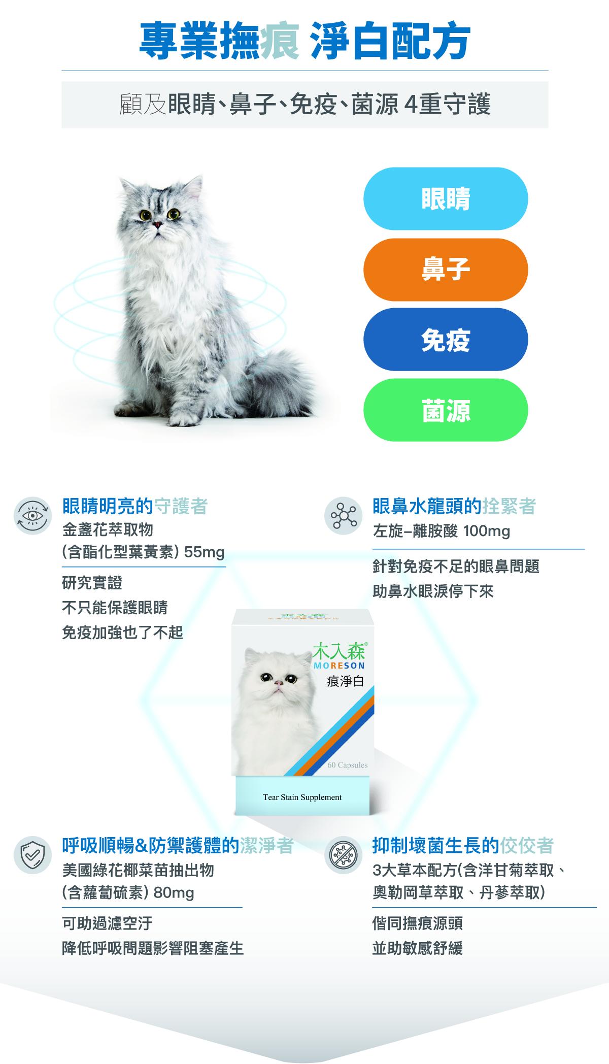 【木入森 MORESON 犬貓用痕淨白】淚腺 淚痕 眼睛 台灣 貓保健品 狗保健品 貓 狗 保健品