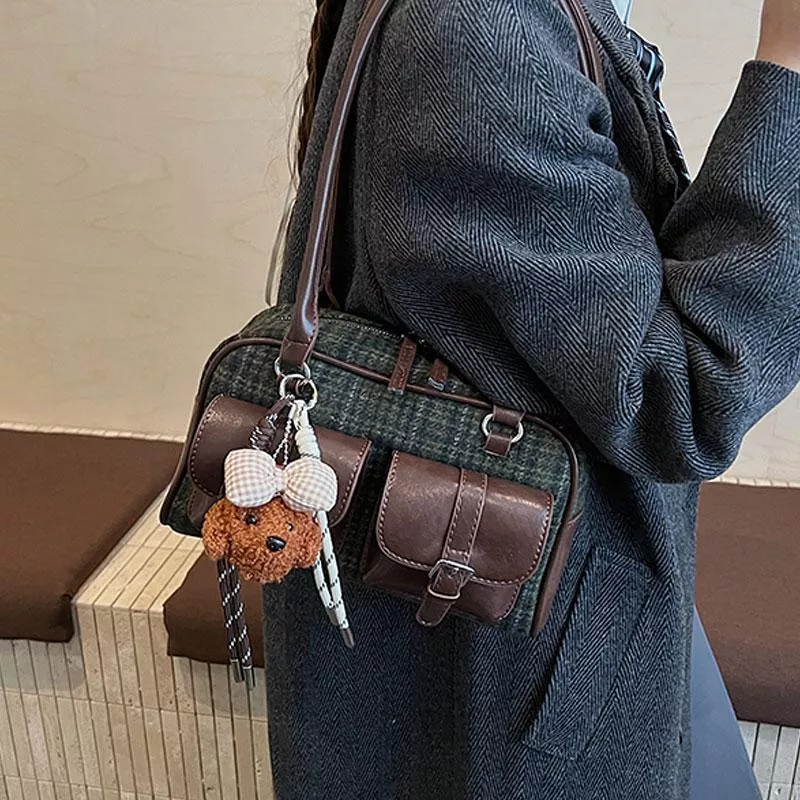 秋冬毛呢格紋波士頓包