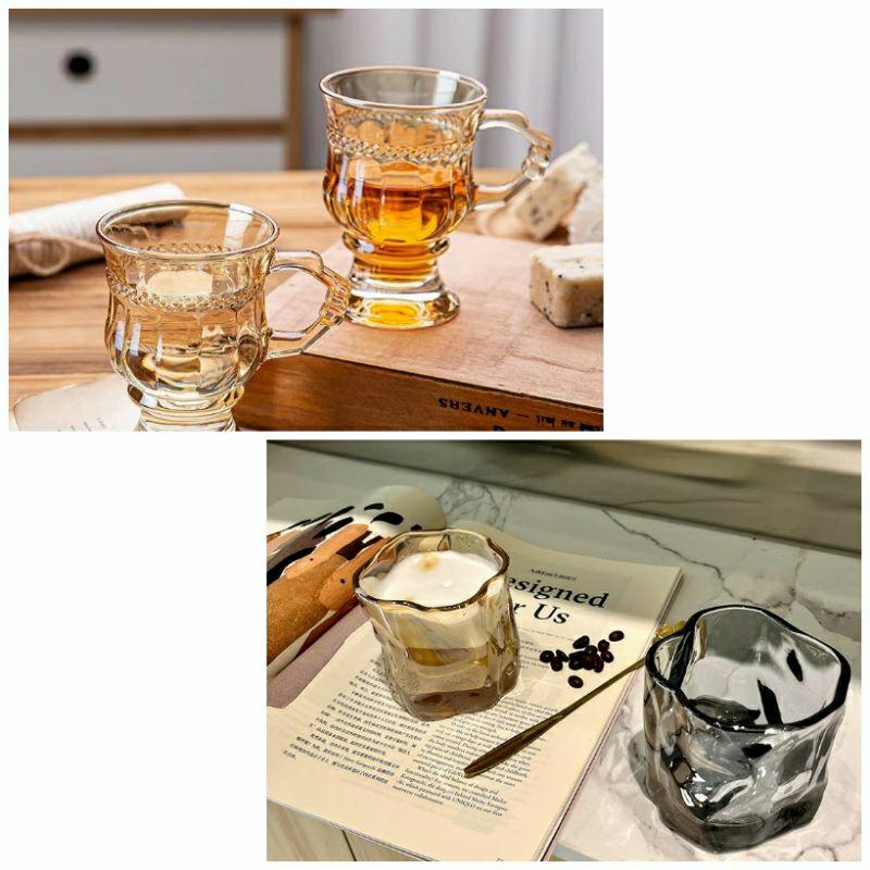 愛美家 現貨即發法式復古琥珀色馬克杯聖誕玻璃浮雕杯子迷你洋酒杯北歐甜品咖啡杯