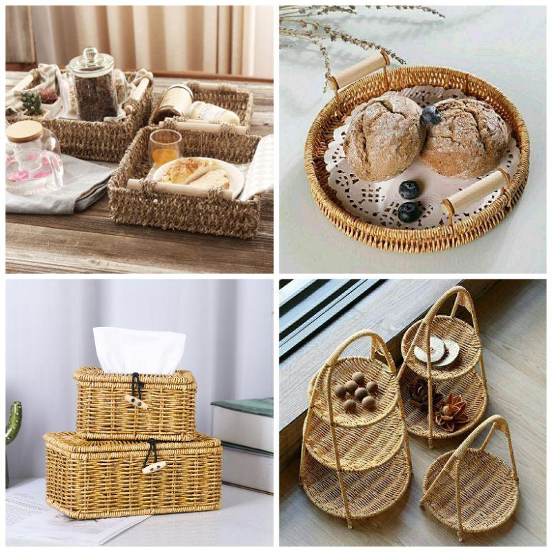 ✦愛美家✦現貨加預購多款藤編編織托盤零食收納筐彩貝拼接籐編糖果盤水果盤藤編茶點盤麵包點心盤茶托盤野餐露營托盤茶杯盤茶盤