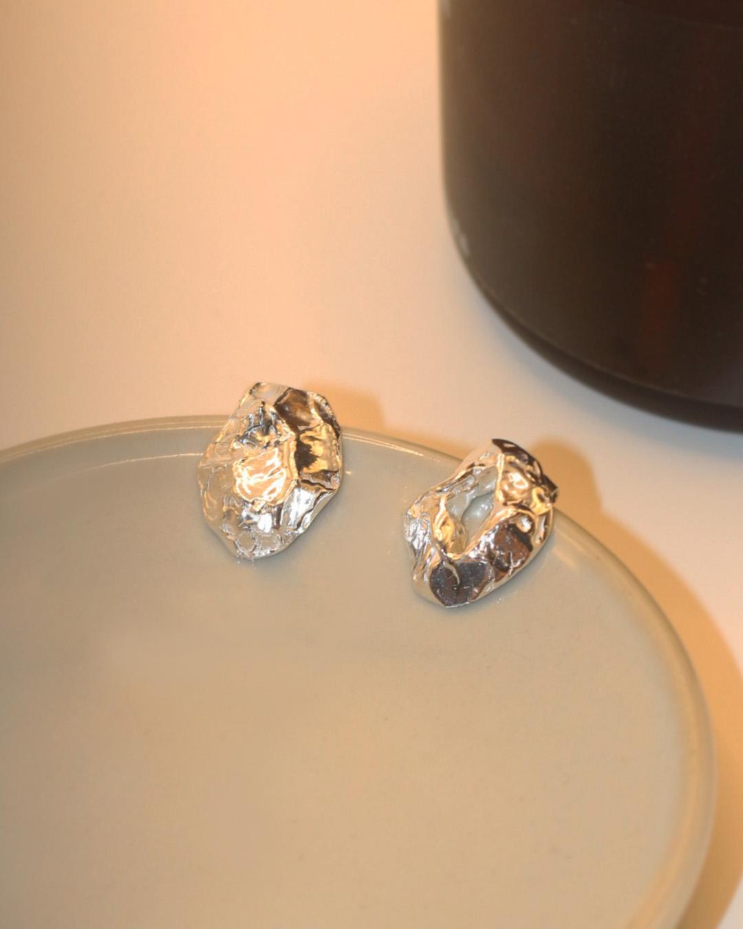 Natural earrings 自然紋理不對稱純銀耳環