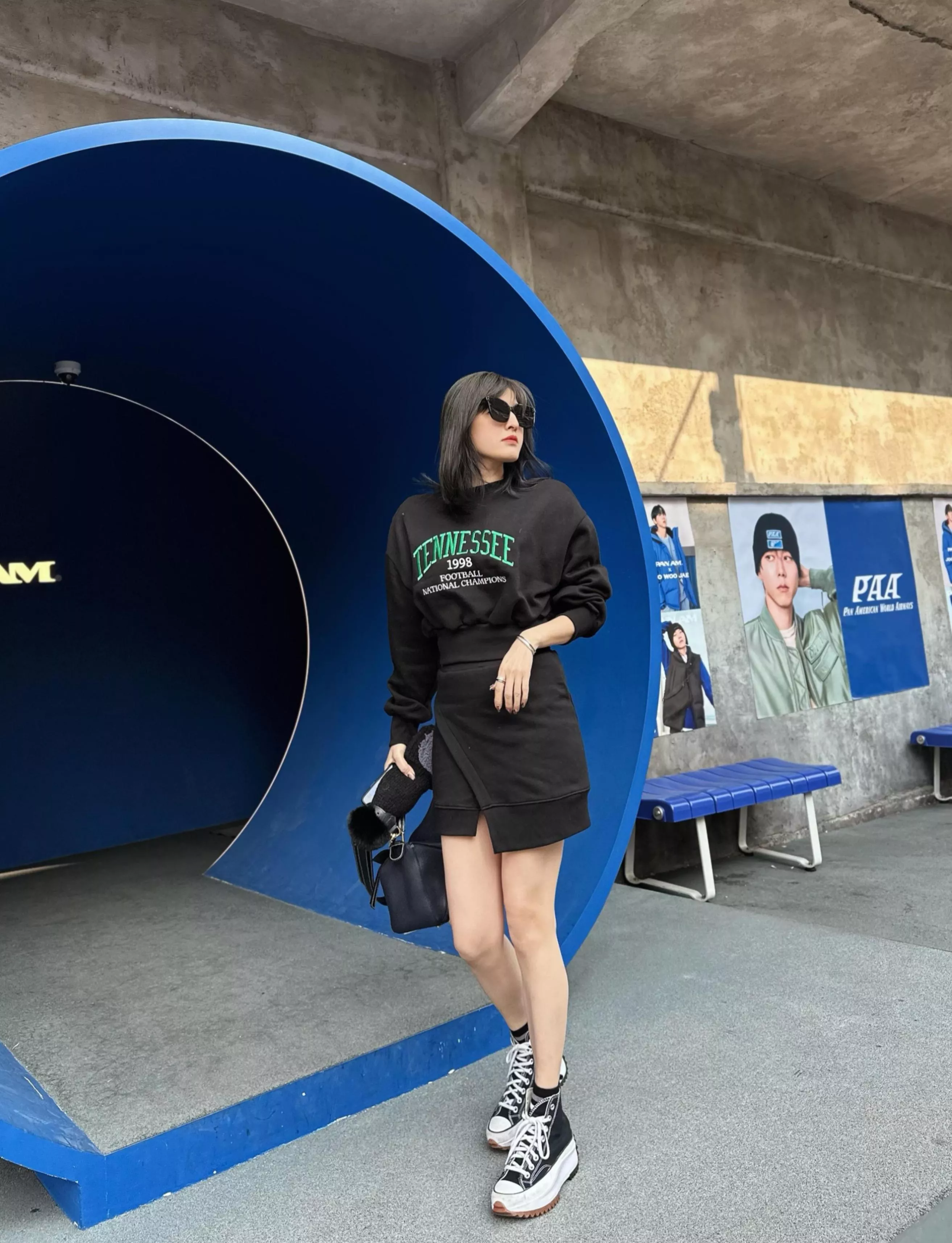 闆娘聖水洞穿拍🇰🇷💙率性潮流風_休閒字母大學T套裝『舒適內刷毛➕棉裙』