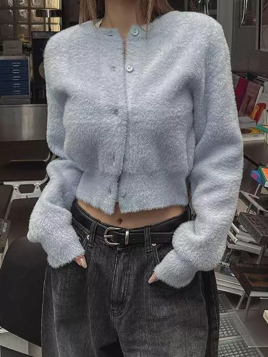 短板排扣仿水貂毛上衣