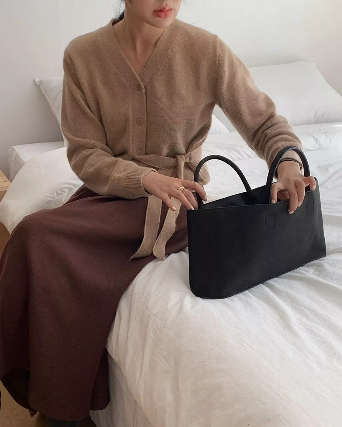 狐狸毛羊毛綁帶排扣上衣