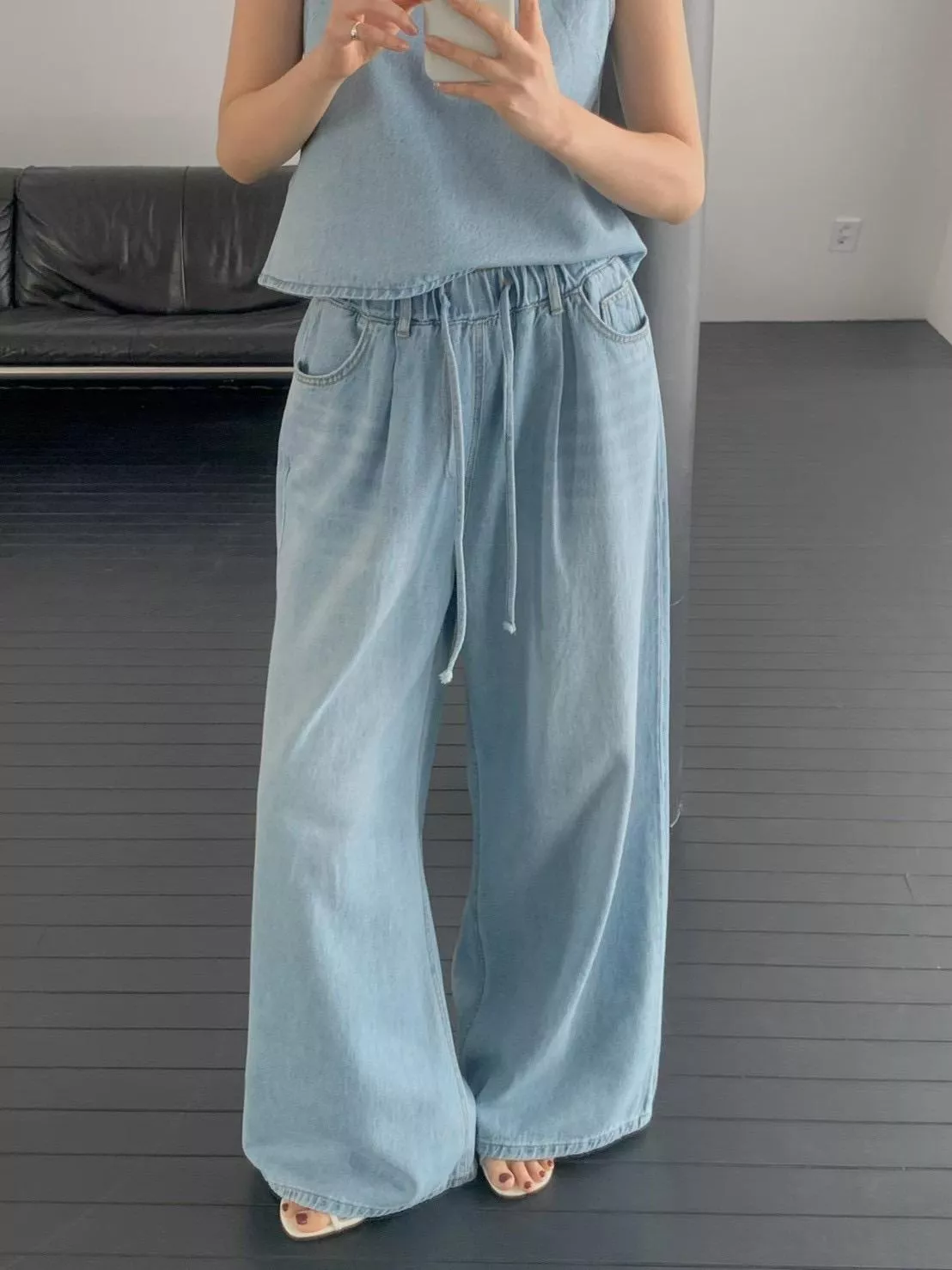 慵懶休閒牛仔套裝 背心 鬆緊帶寬褲
