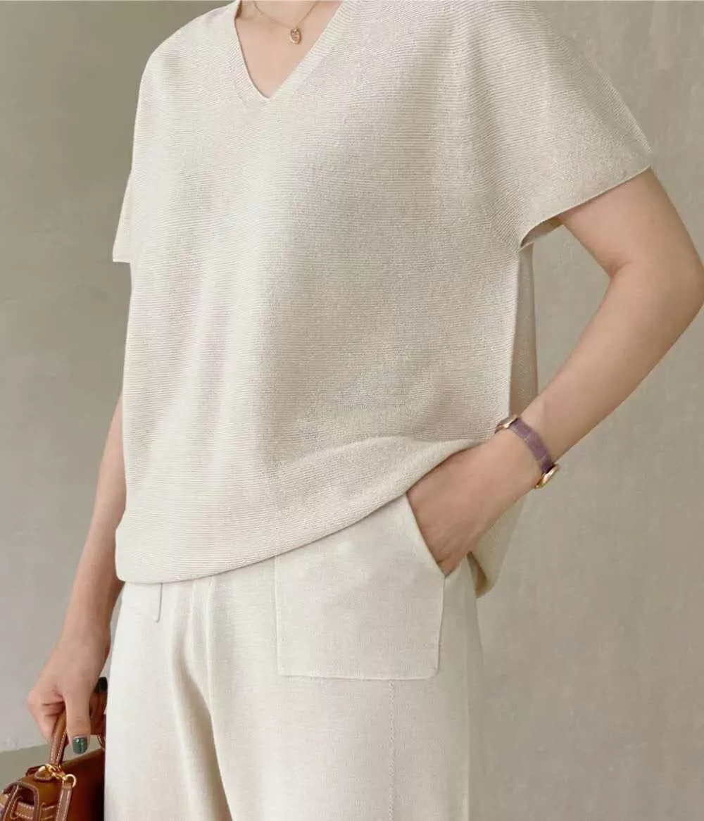 針織棉麻V領上衣