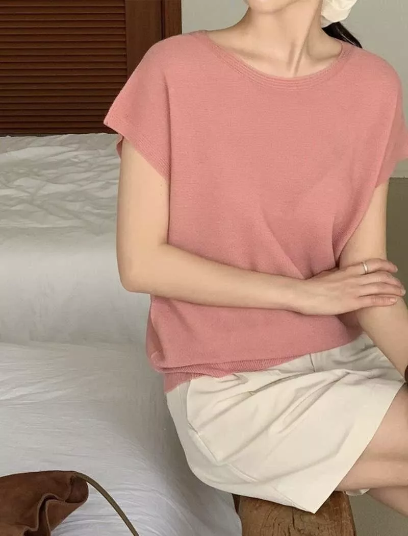 棉麻針織圓領上衣