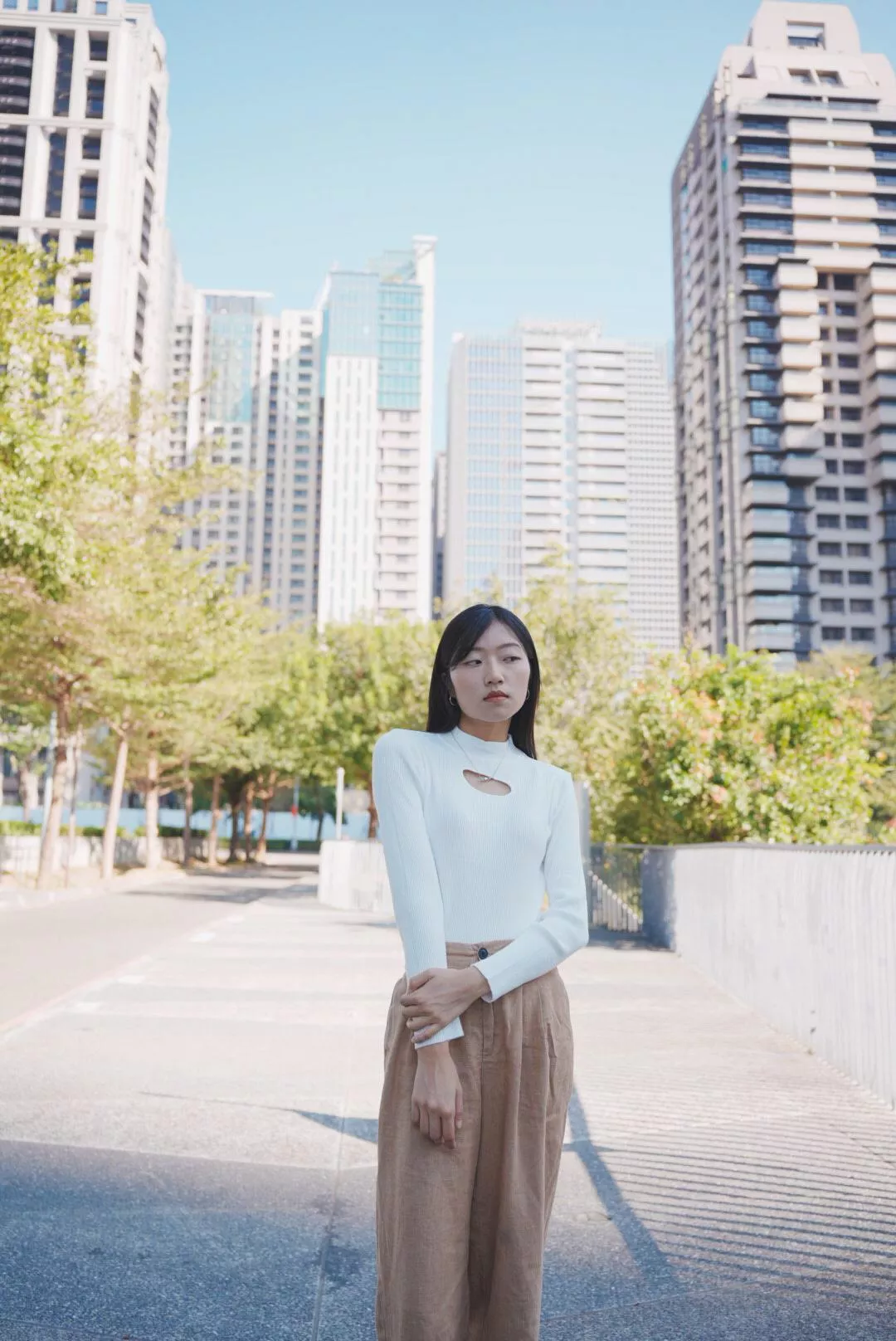 小性感半高領前縷空上衣 / 白