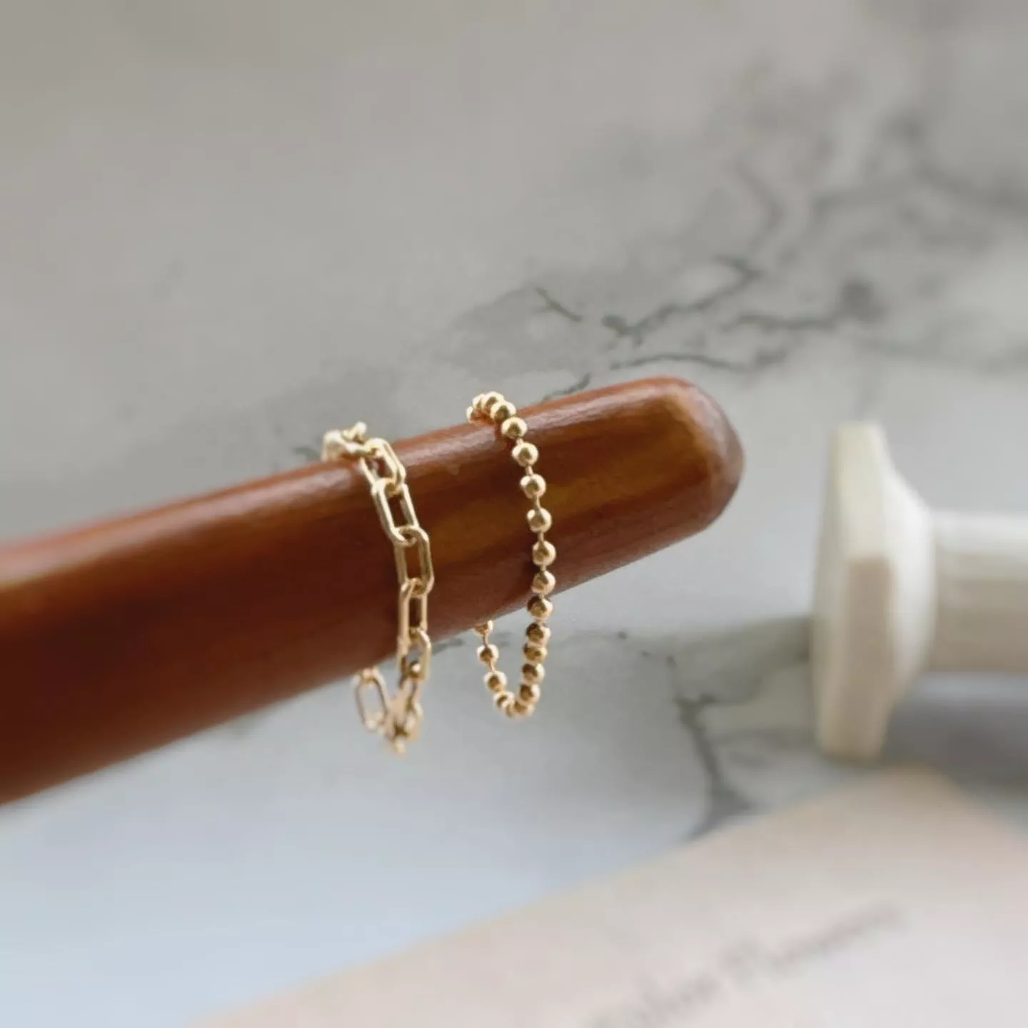 14KGF ❘ 光面長方圓鏈  小珠珠軟鏈戒