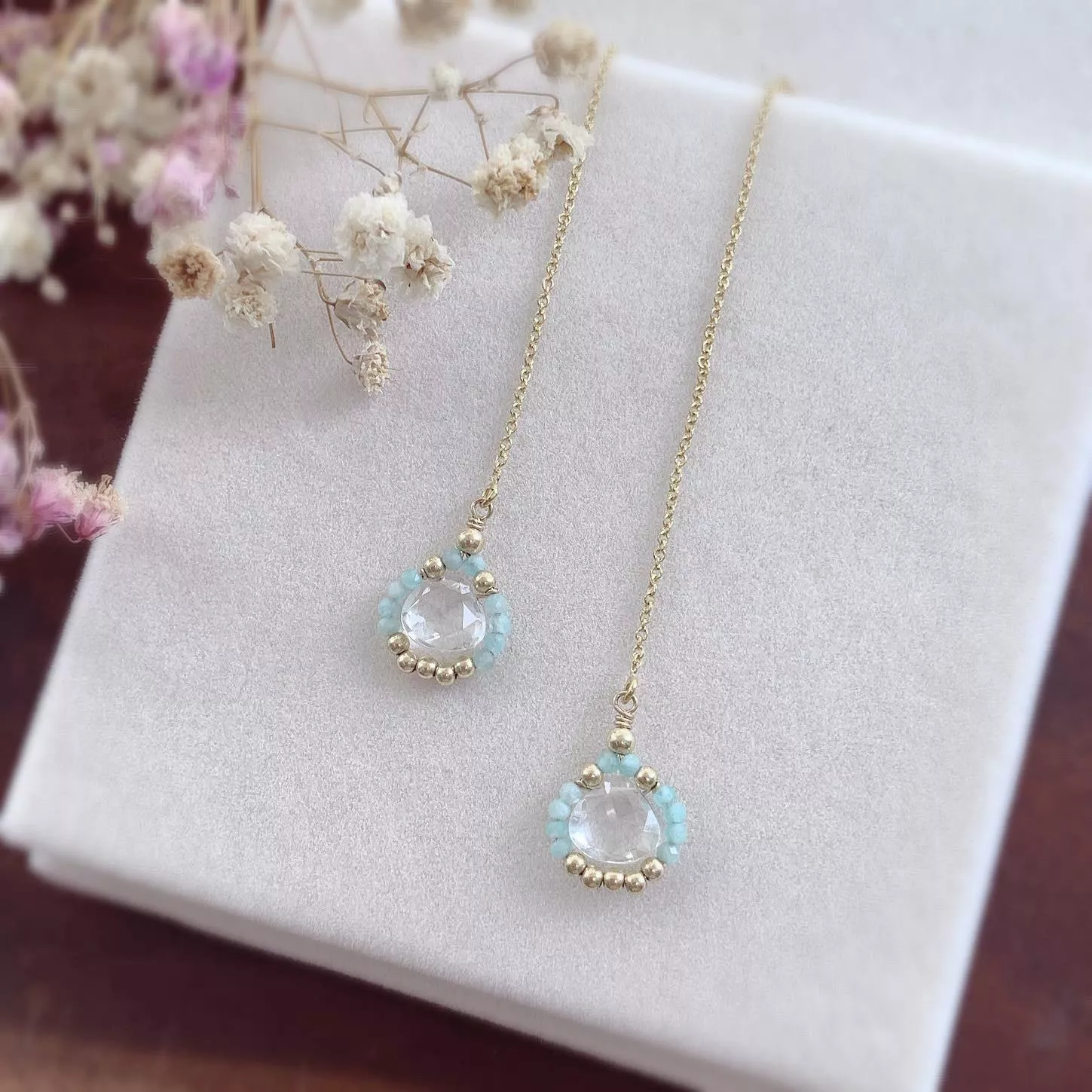 14KGF  ❘  Aurora Bloom｜白水晶藍色花環耳環