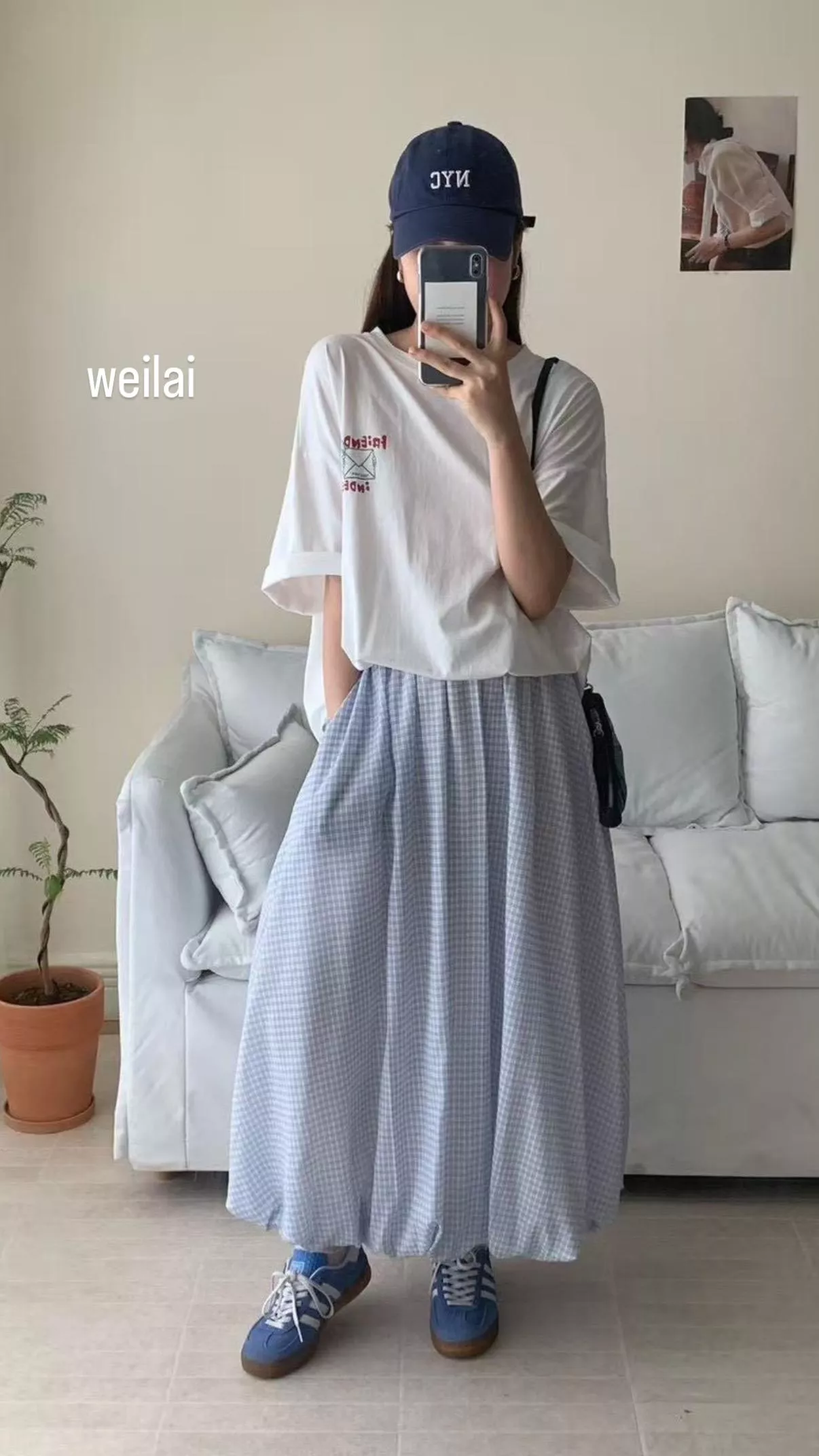 下擺花苞格子半身裙 天空藍