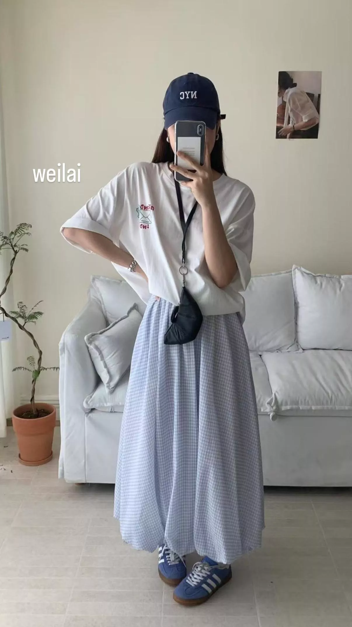 下擺花苞格子半身裙☁️ 天空藍