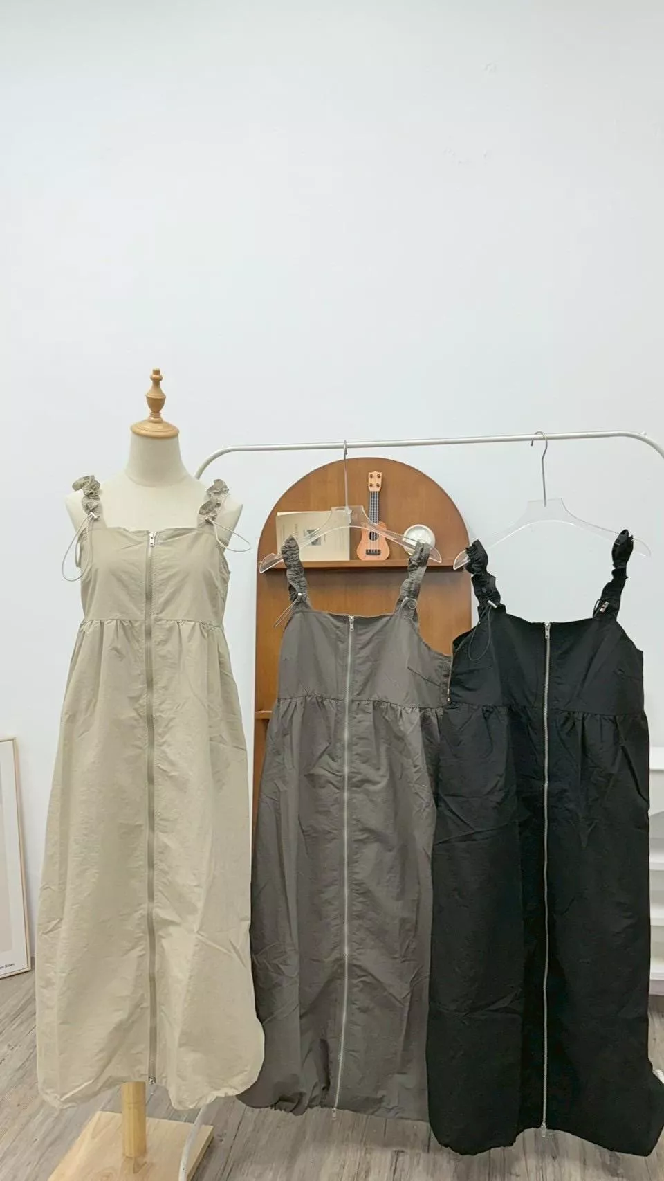 彈力肩帶拉鍊長洋裝 3color