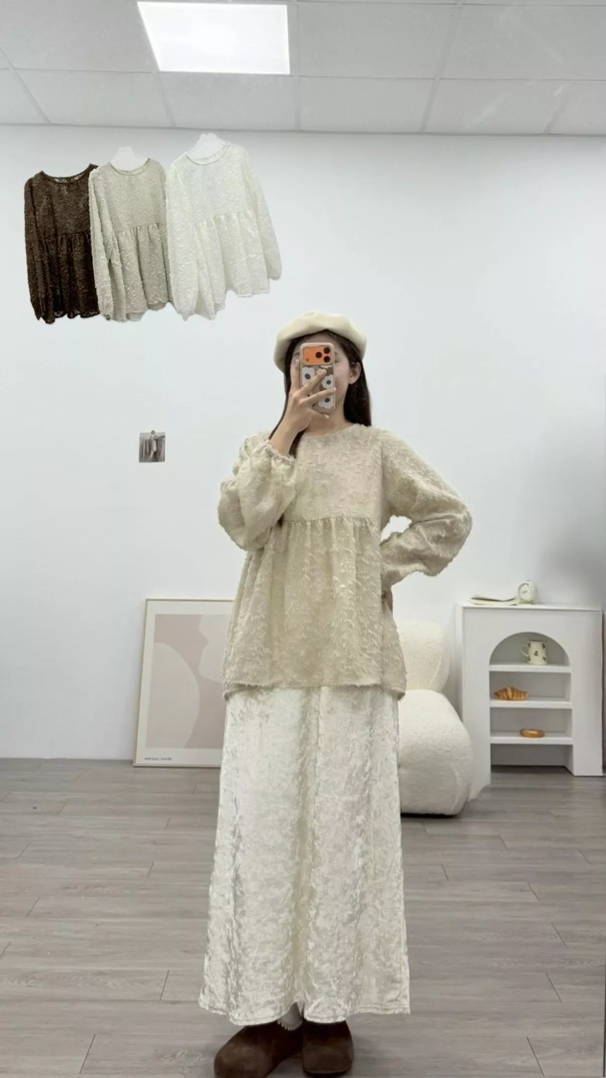 高級羽毛提花長袖上衣 3color