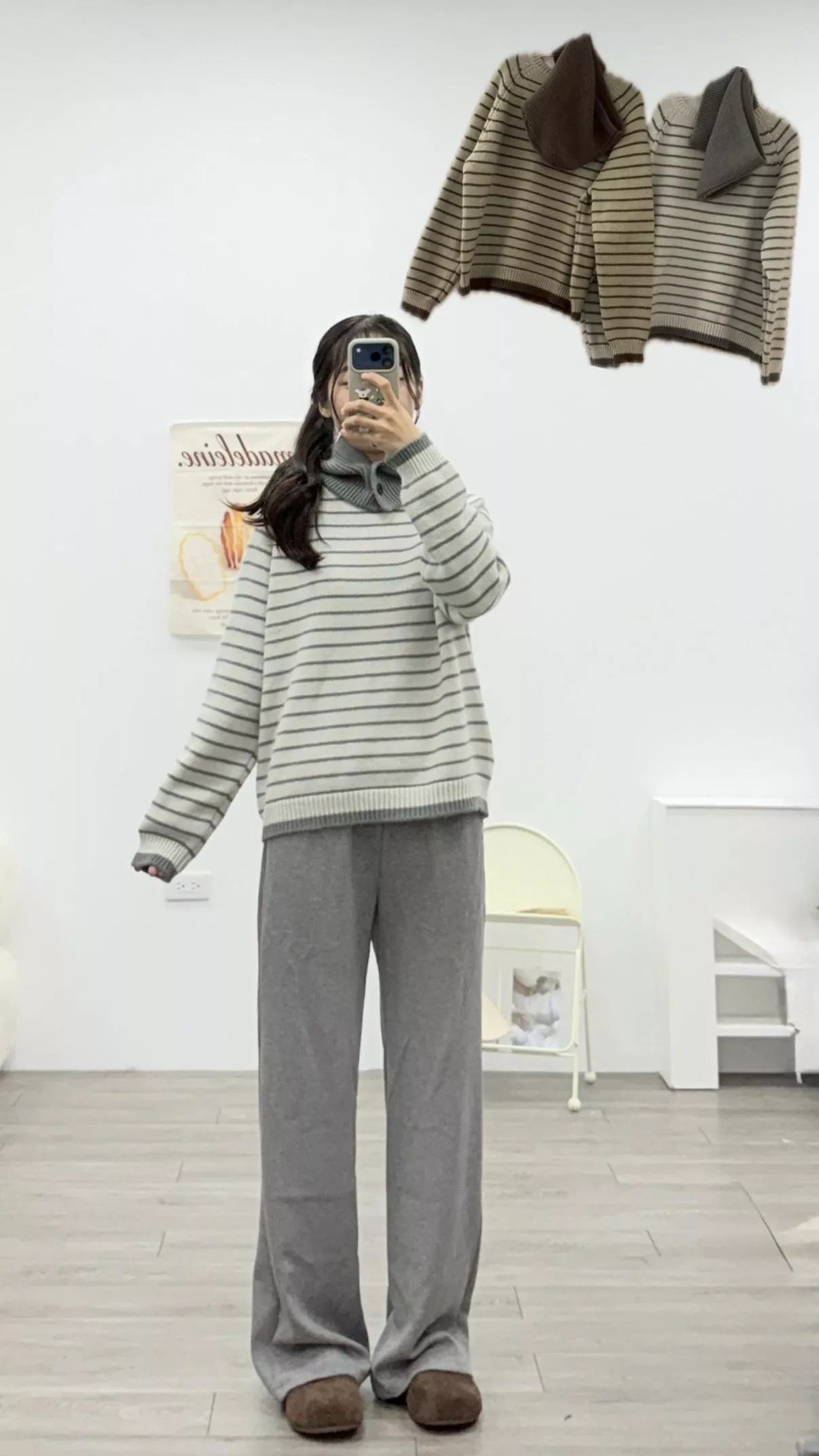 撞色條紋寬鬆毛衣（附圍脖帽） 2color