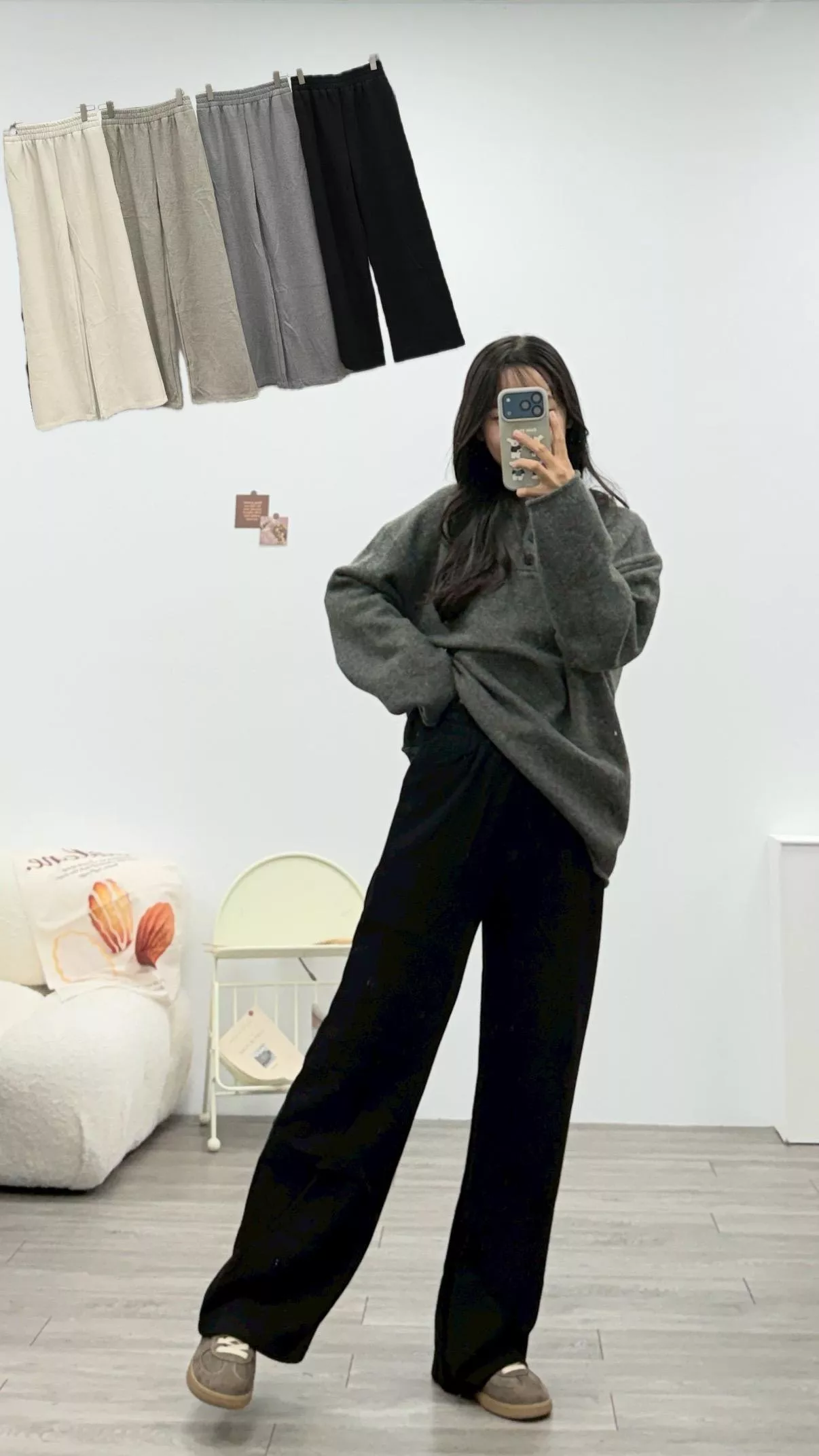 坑條鬆緊直筒休閒棉褲 4color