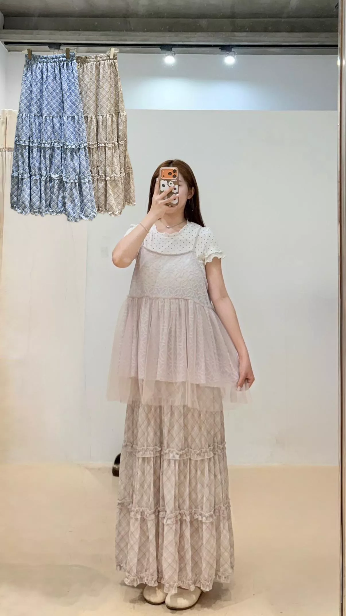 鬆餅格紋雪紡半身裙 2color