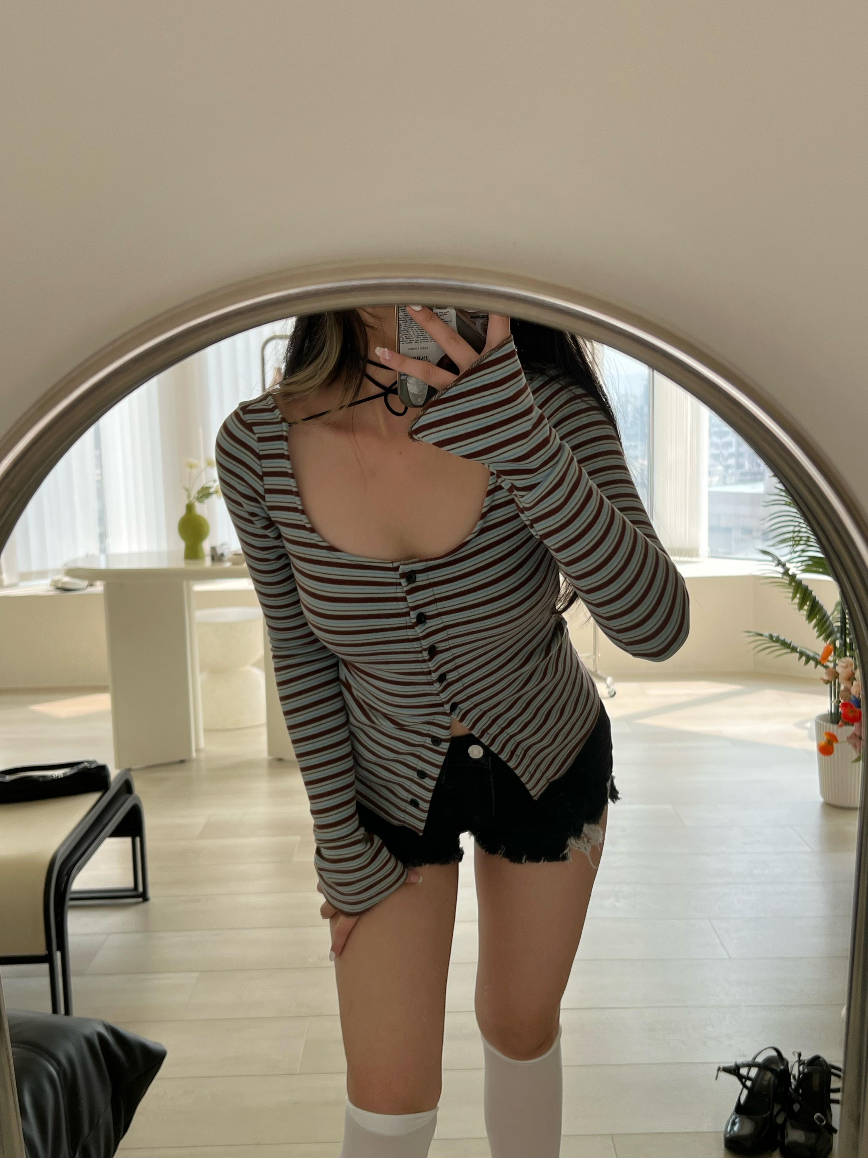 純欲少女 復古條紋綁繩上衣