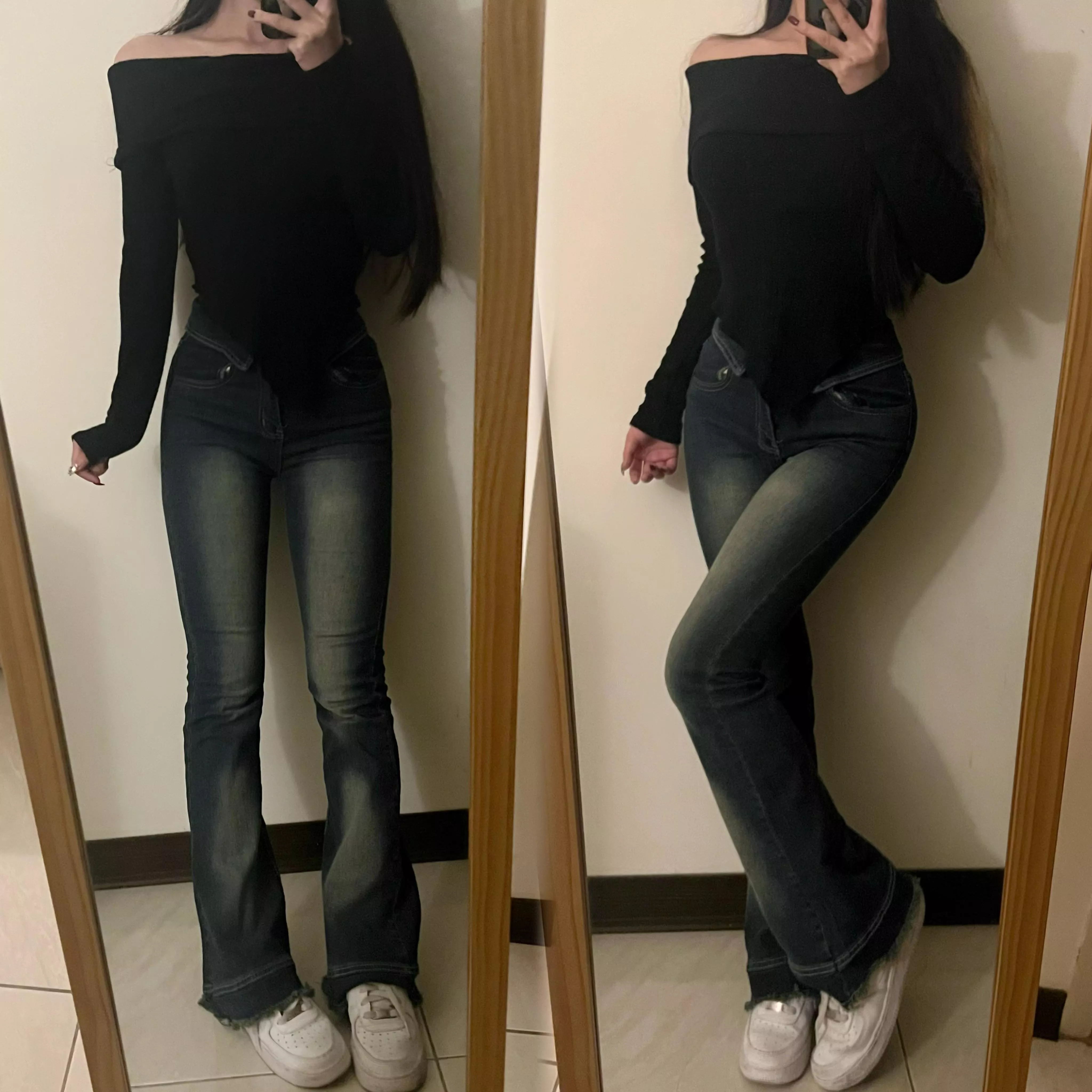 (小個子款/正常款)復古刷色翻邊微喇叭褲