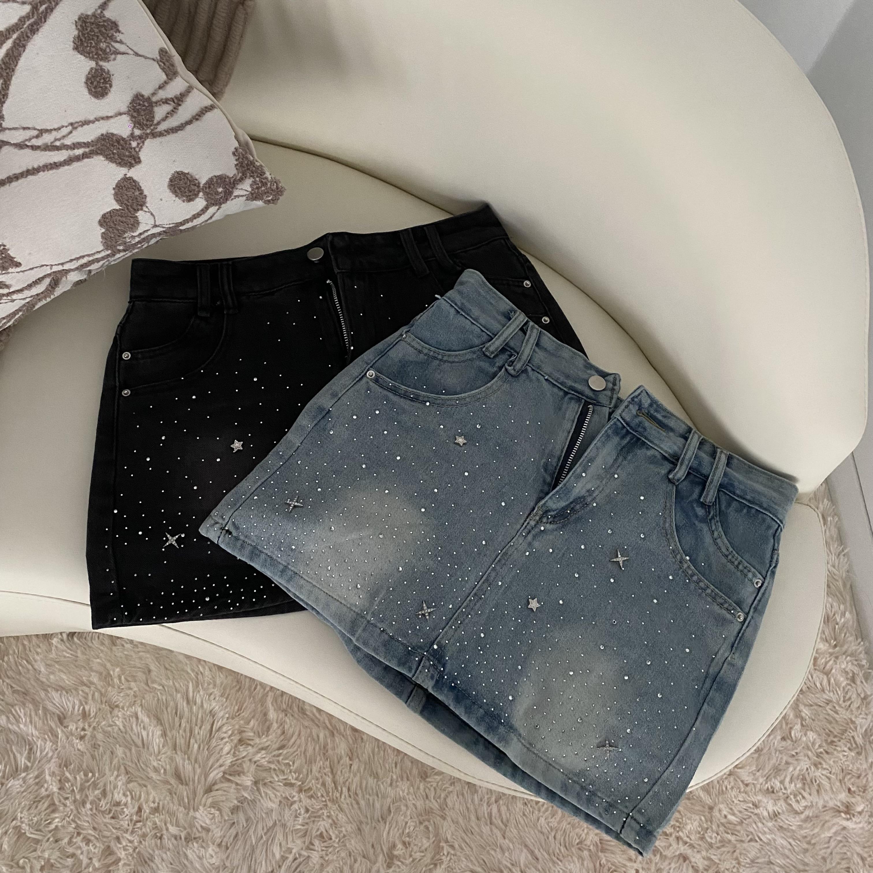 摘星少女 復古燙鑽微A字牛仔短裙