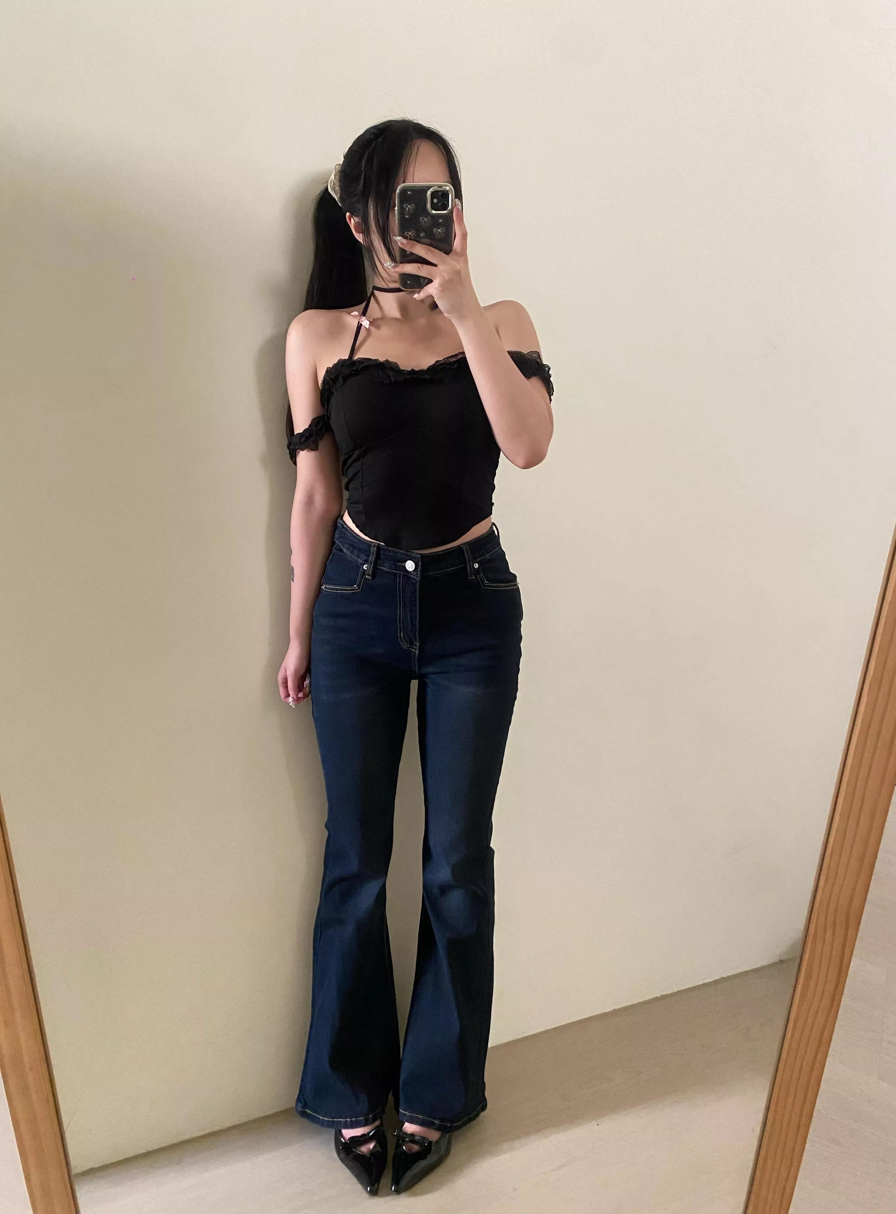 -5KG!V字修腰高腰牛仔喇叭褲