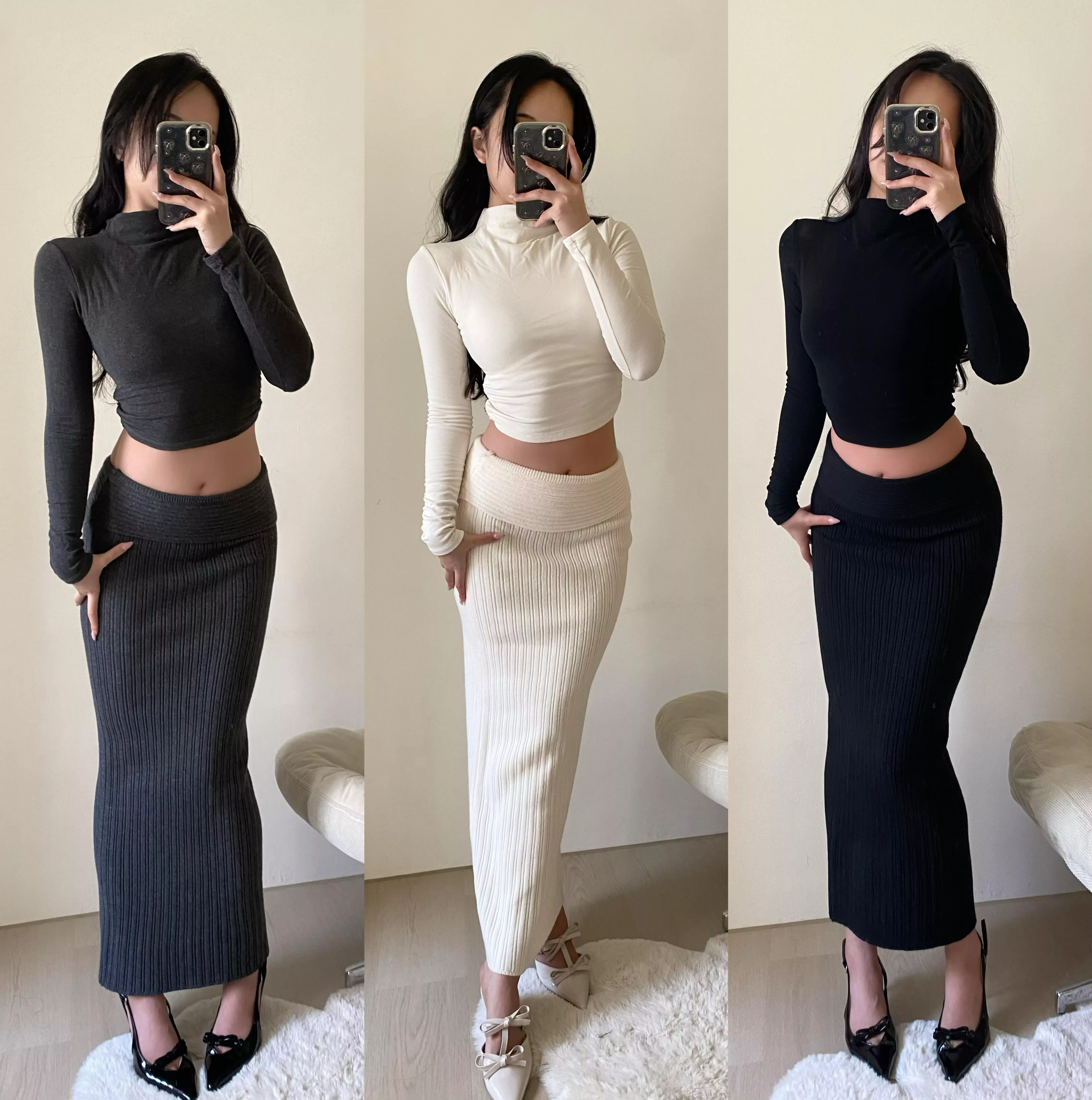 針織反折螺紋包臀長裙(3colors)