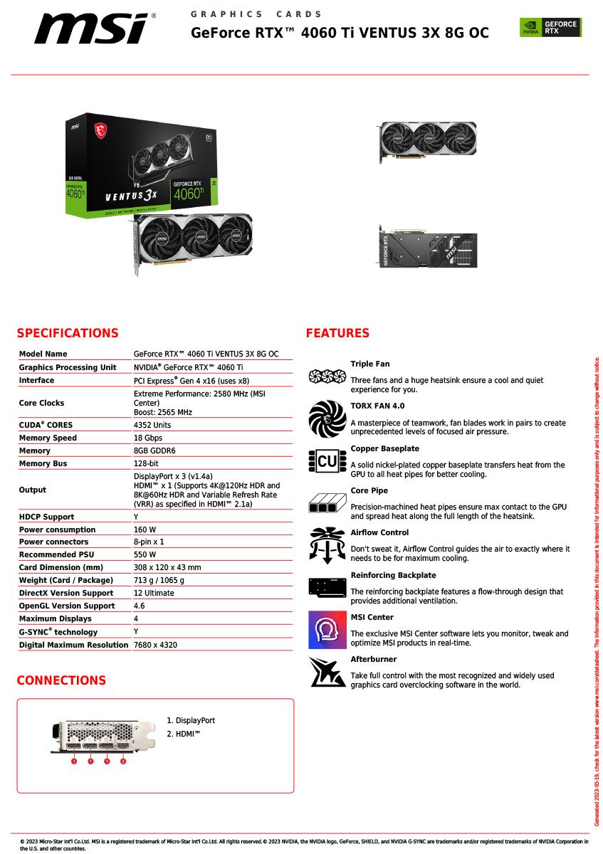 微星 RTX 4060 Ti VENTUS 3X 8G OC 顯示卡