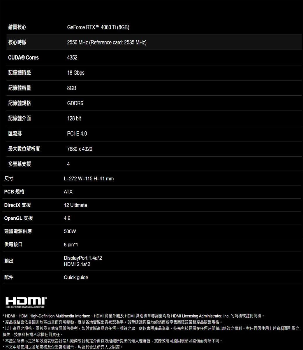 技嘉 RTX4060Ti EAGLE OC 8G 顯示卡