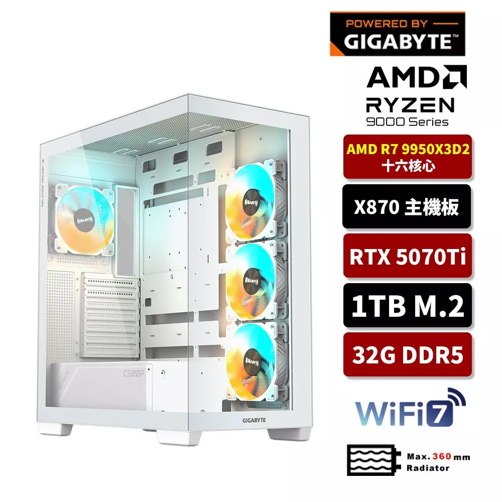 【X3D2傳奇進化】GIGABYTE技嘉 AMD R9 9950X3D2/X870/32G D5/1TB SSD/RTX5070TI/WIFI/水冷電競電腦