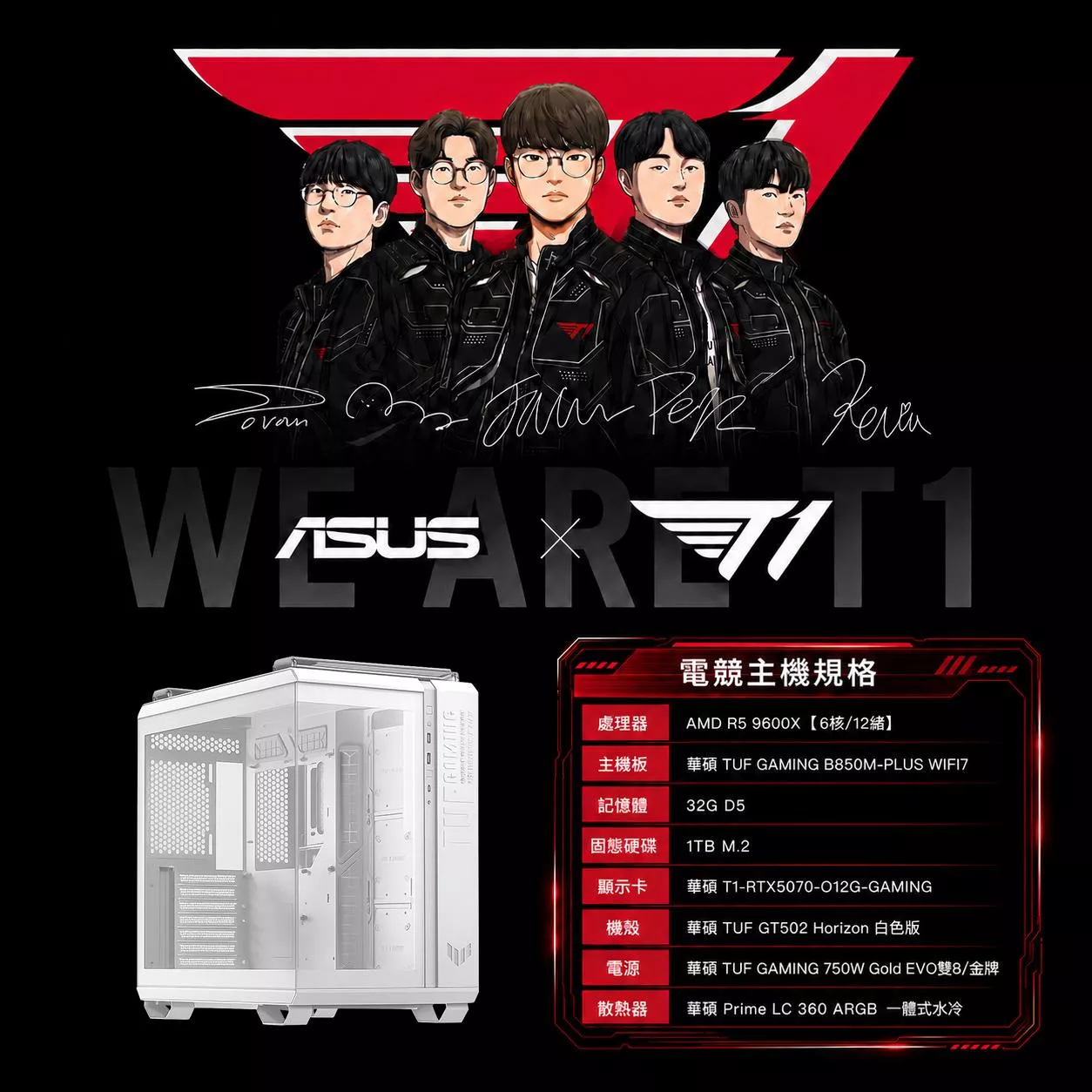 【英雄聯盟T1】GeForce RTX 5070/AMD R5 9600X/B850/32G D5/1TB SSD/WIFI/水冷電競電腦
