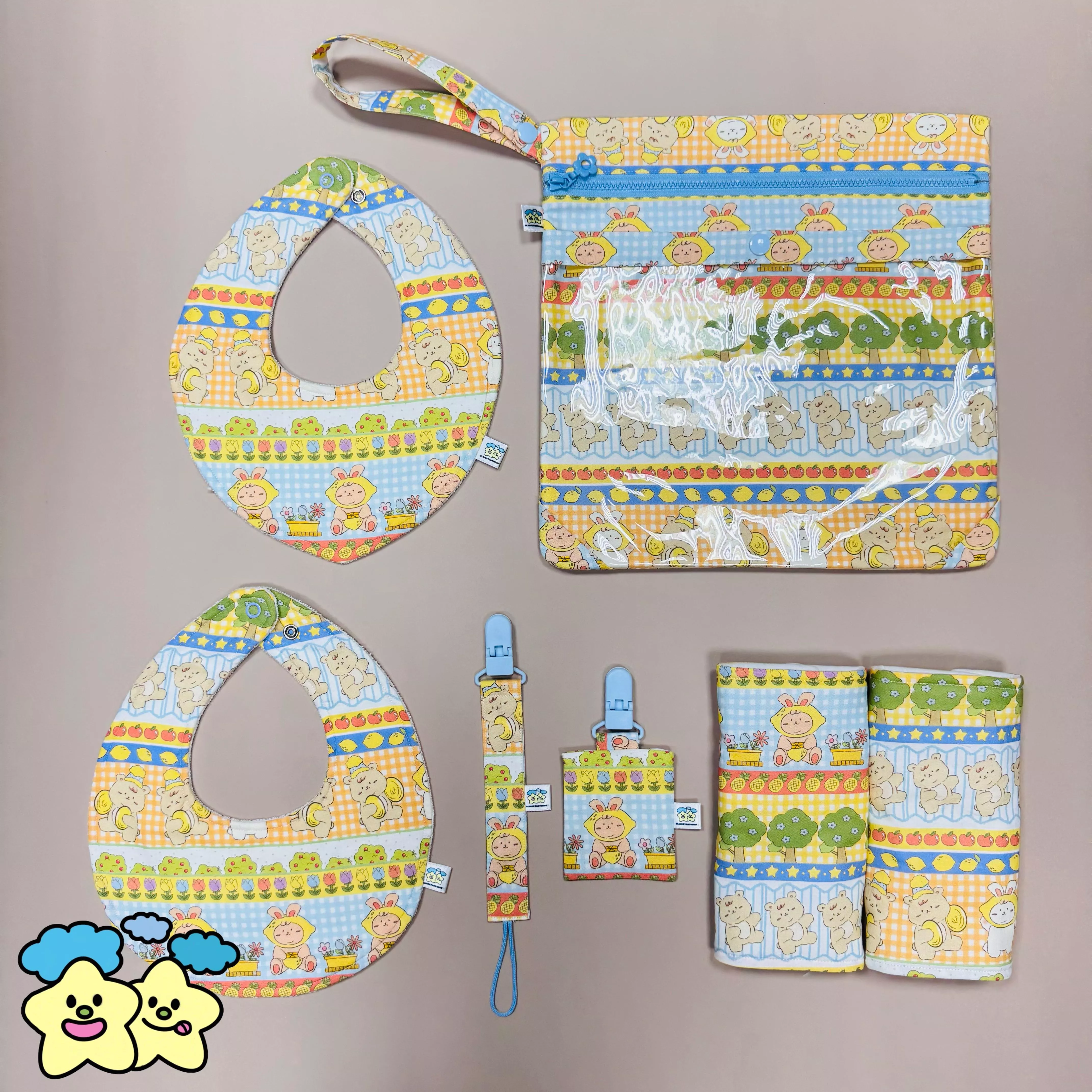 Blingstartwins®️檸檬兔與樂隊熊-手作圍兜 / 三件組 / 平安符袋 / 專利尿布包