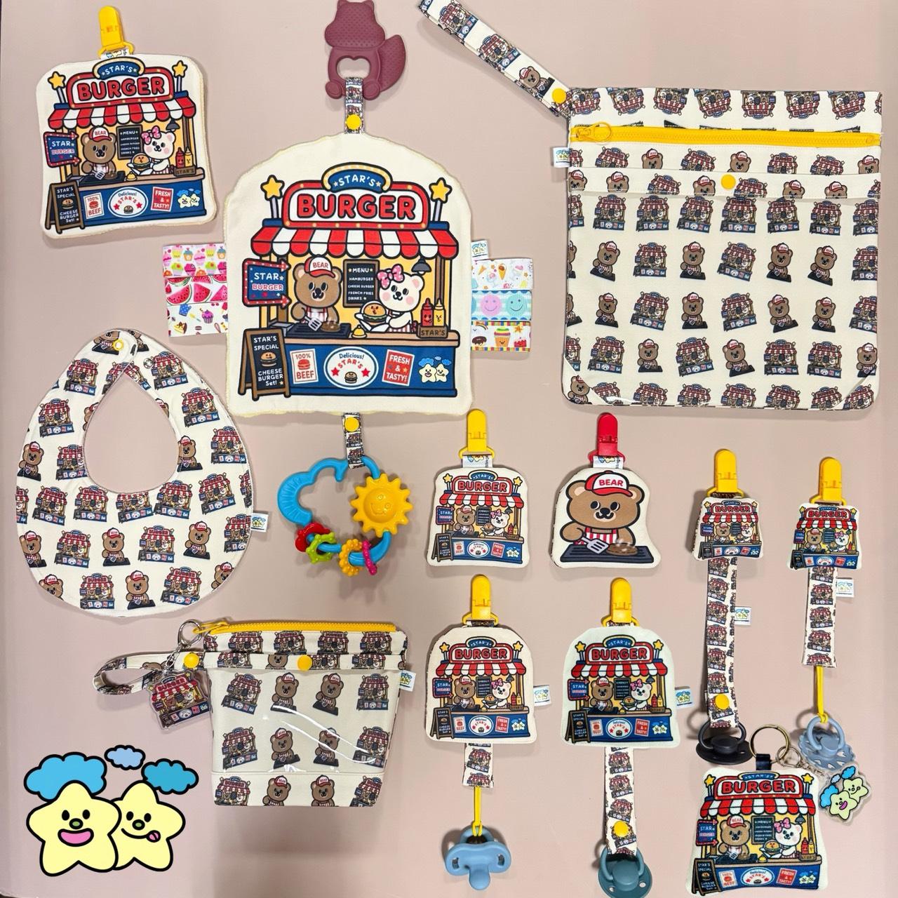Blingstartwins®️美式漢堡攤(圍兜兜，奶嘴鏈，平安符袋，奶嘴罩，手帕夾)