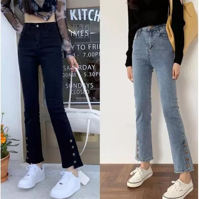 春季新款 彈力大尺碼褲腳釦牛仔褲