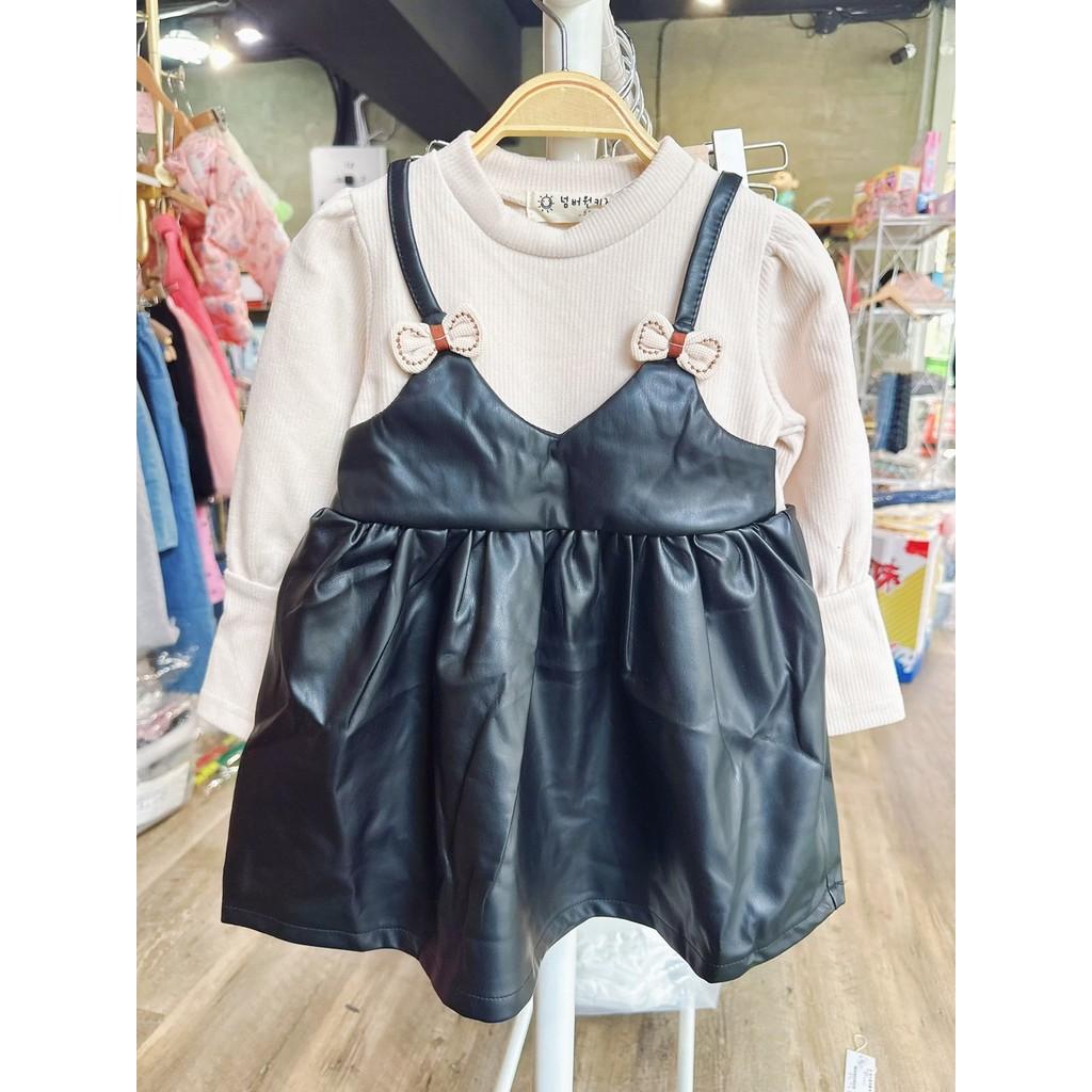 北屯實體店❤女寶洋裝現貨-韓版 假兩件吊帶皮革拼接洋裝✩米米童著-D0701