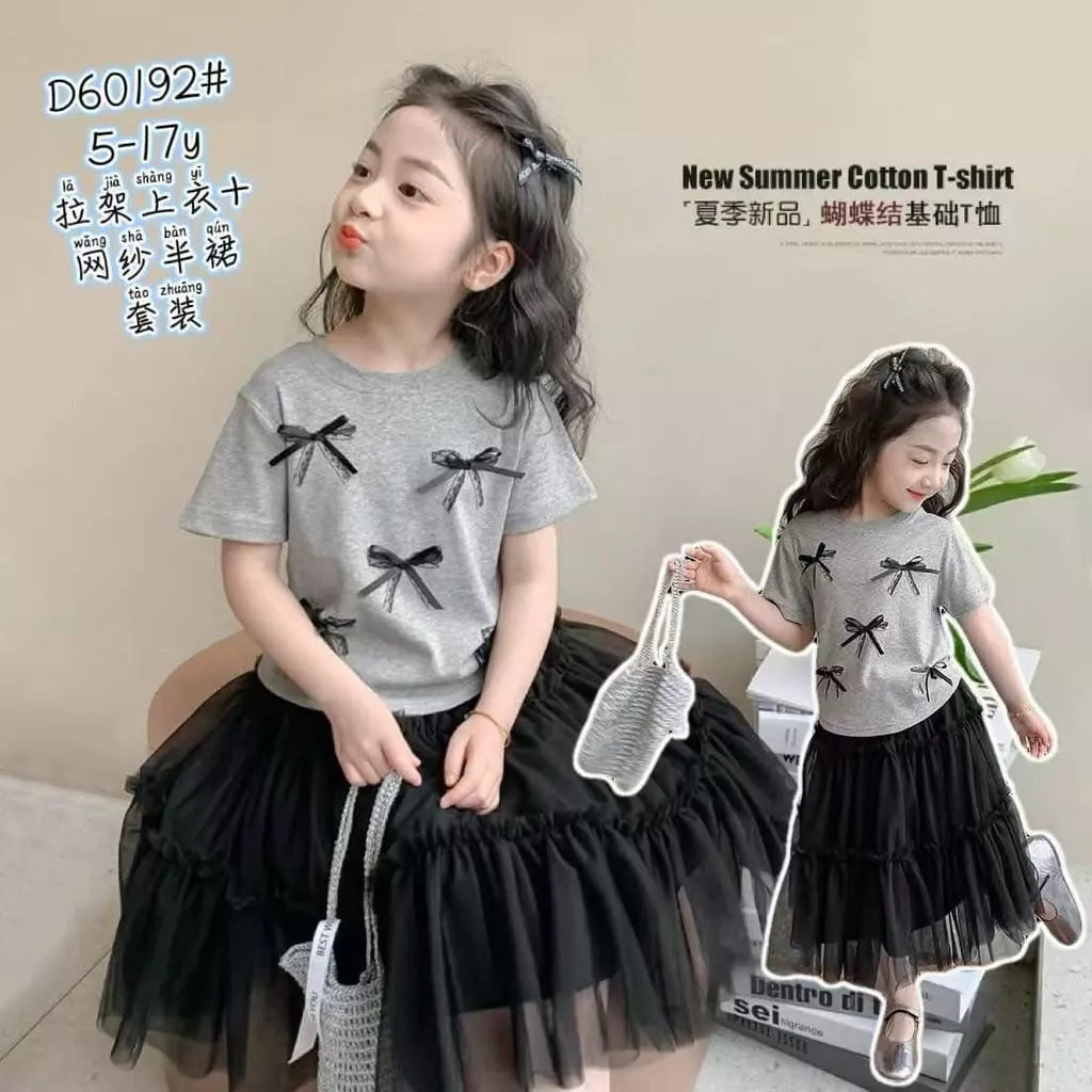 北屯實體店❤現貨緞帶蝴蝶結短袖上衣+紗裙 套裝✩米米童著-E0027