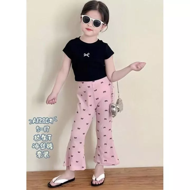 北屯實體店❤現貨Q彈涼感 蝴蝶結喇叭褲 套裝✩米米童著-E0120