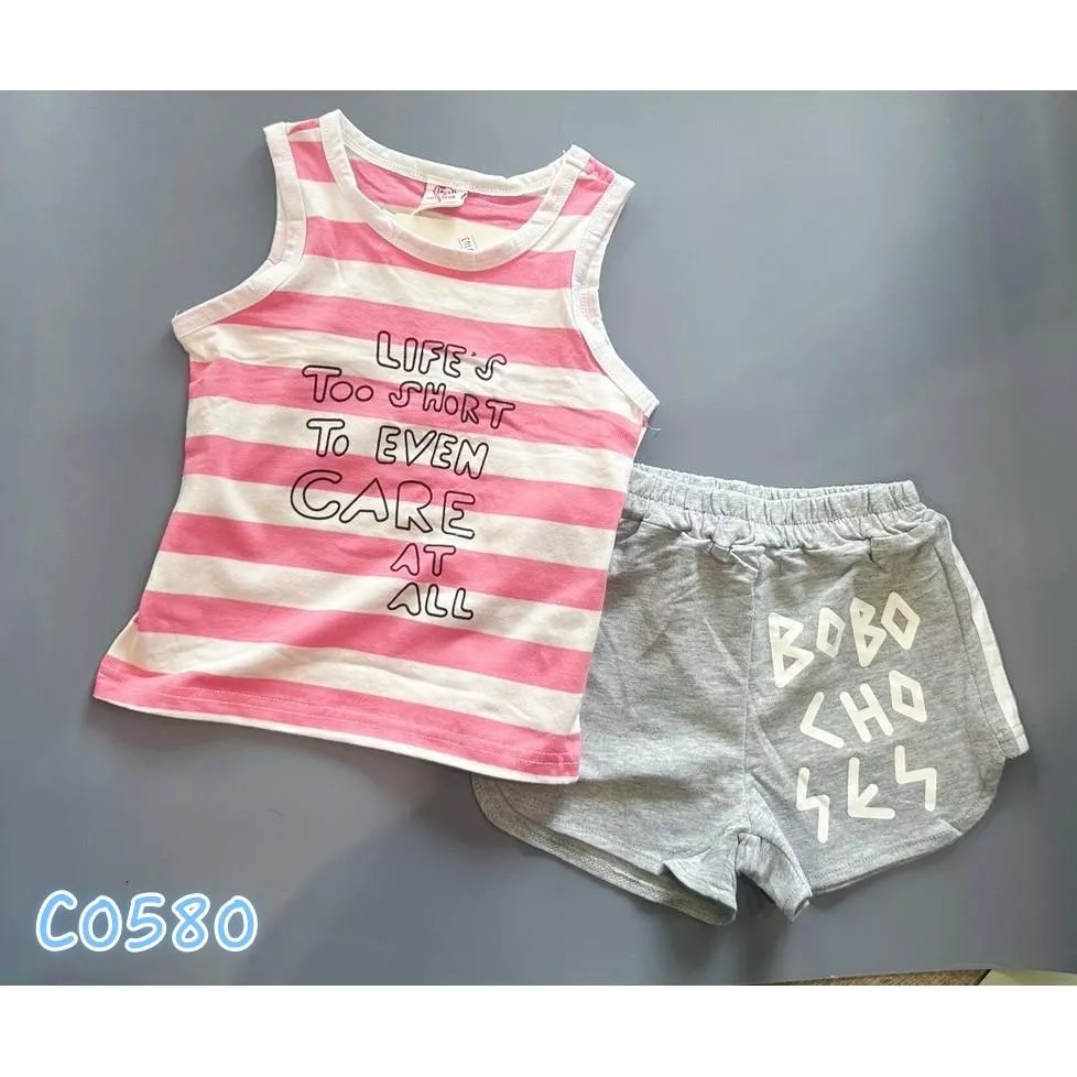 北屯實體店❤現貨粉條紋背心+棉質字母短褲 套裝✩米米童著-C0580